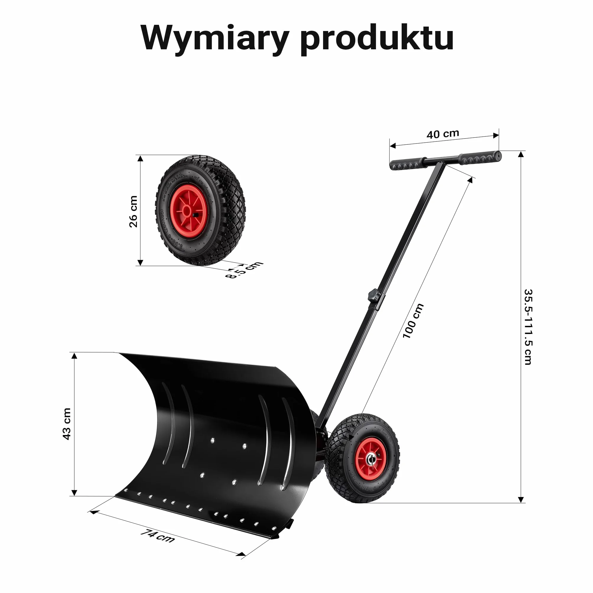 Wiltec Łopata do śniegu o wymiarach 74 x 43 cm ze stali, łopatka na kołach pneumatycznych 10″ z ruchomym kijem, szufla do odśnieżania
