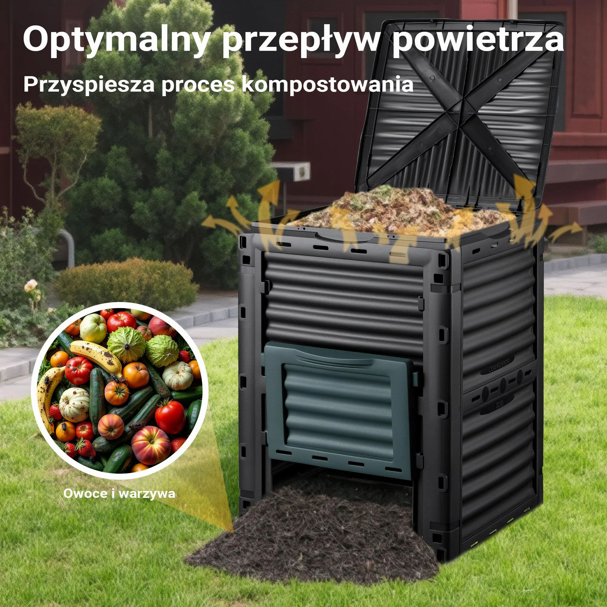 Wiltec Kompostownik ogrodowy modułowy 300 l o wymiarach 61 x 61 x 82 cm, plastikowy kompostownik na odpady organiczne, z pokrywą i klapą do opróżniania