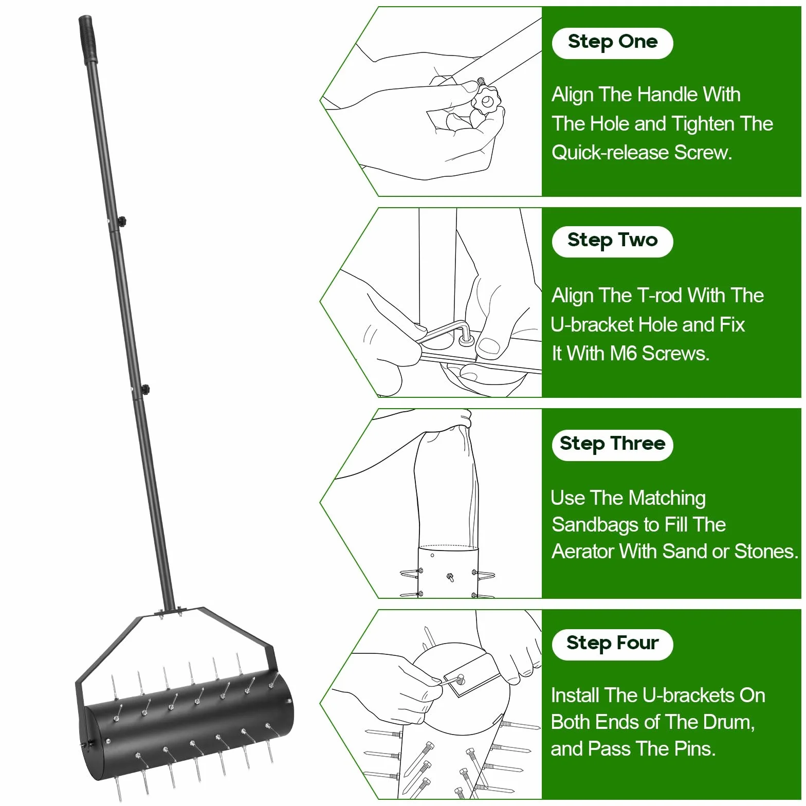 Ręczny napowietrzacz trawnika, aerator do trawnika, rolka z 39 gwoździami (6 cm) i trzonkiem, ręczny wertykulator, wałek do trawników w ogrodzie (44 cm x 141 cm/93,5 cm)
