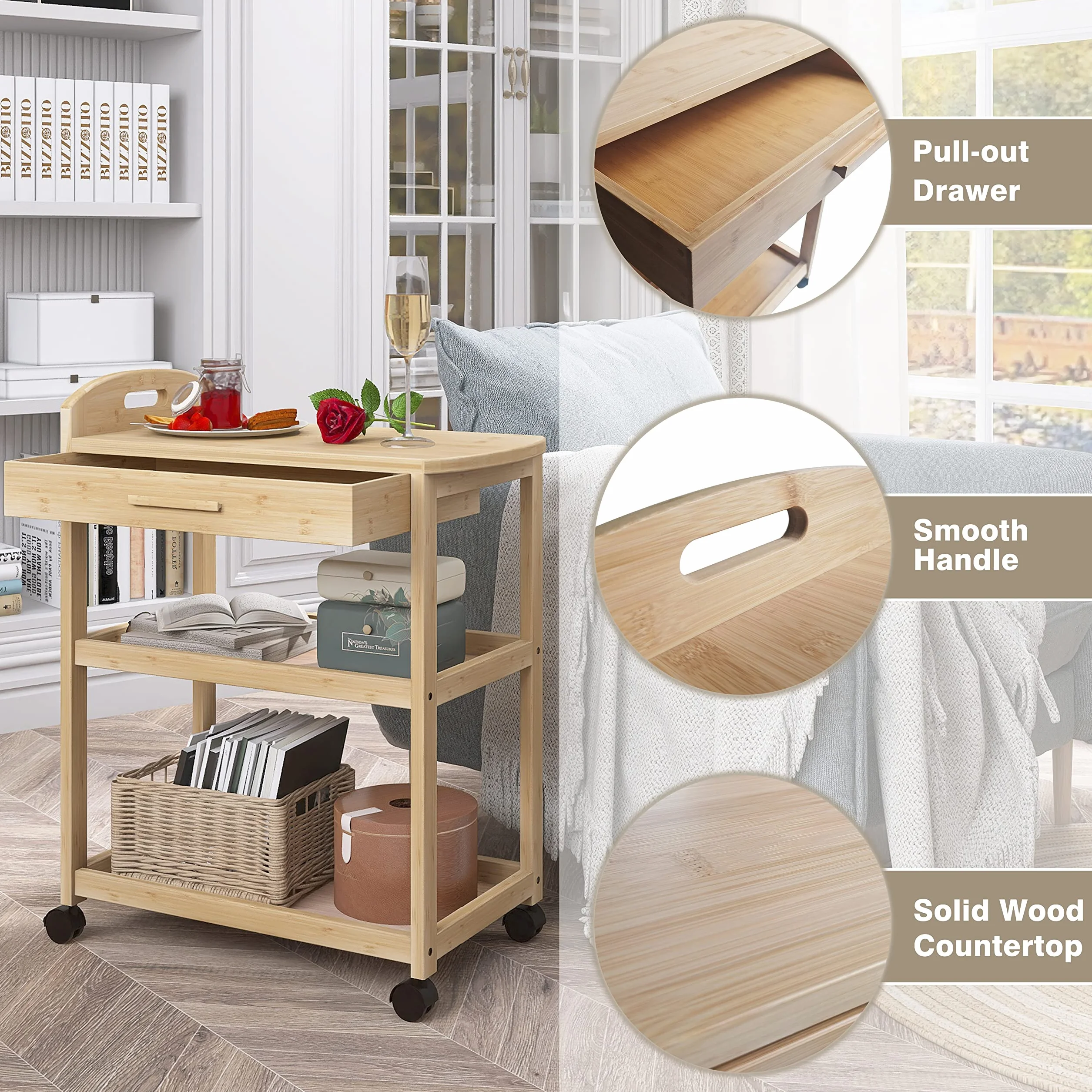 SMIBUY Kitchen Island wózek na kółkach, z szufladą do przechowywania i półkami, bambusowy, 3-poziomowy, z blatem z litego drewna i zamykanymi kółkami (naturalny)