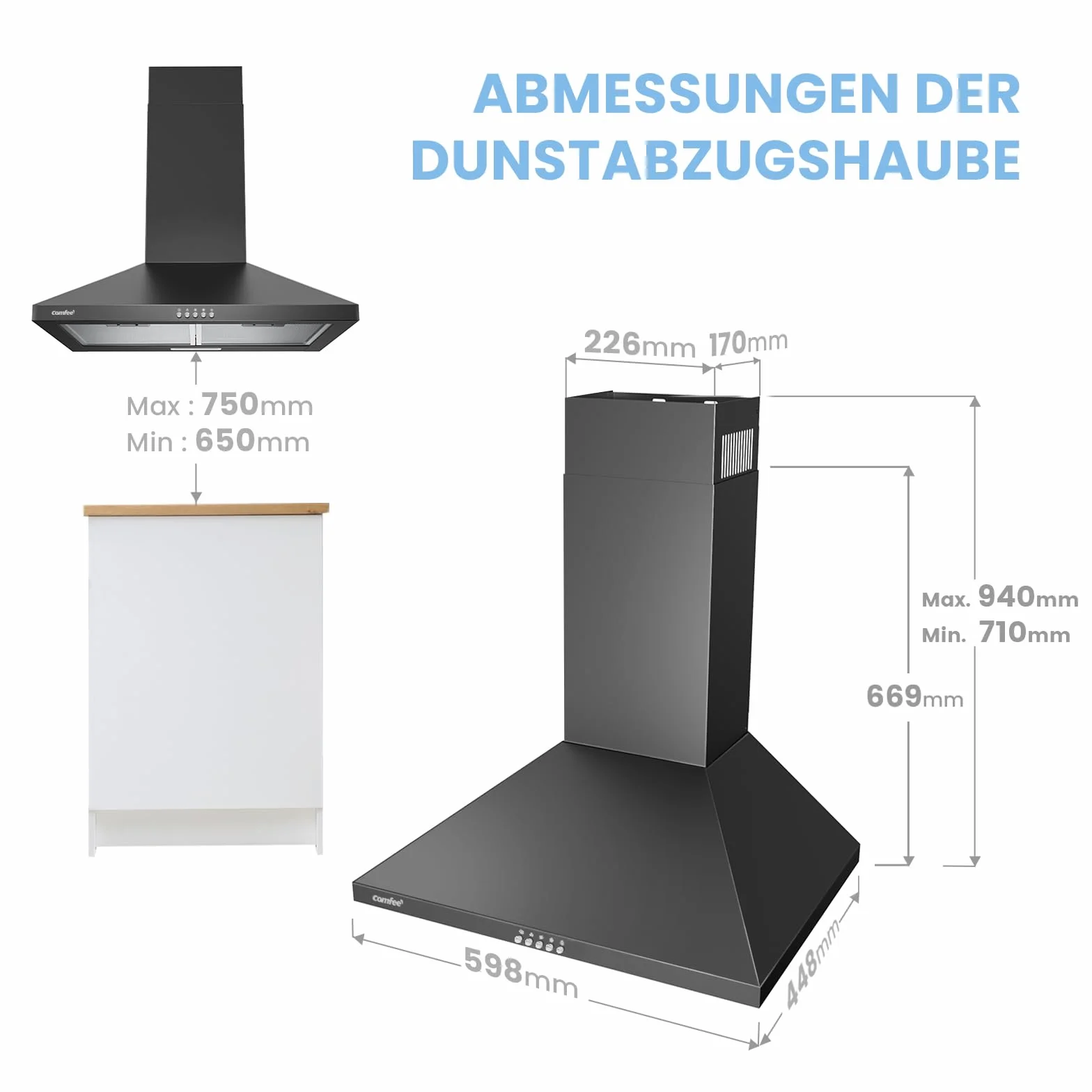COMFEE CH60A17EM400B A++ okap kuchenny 60 cm 400 m³/h ścienny z filtrem węglowym