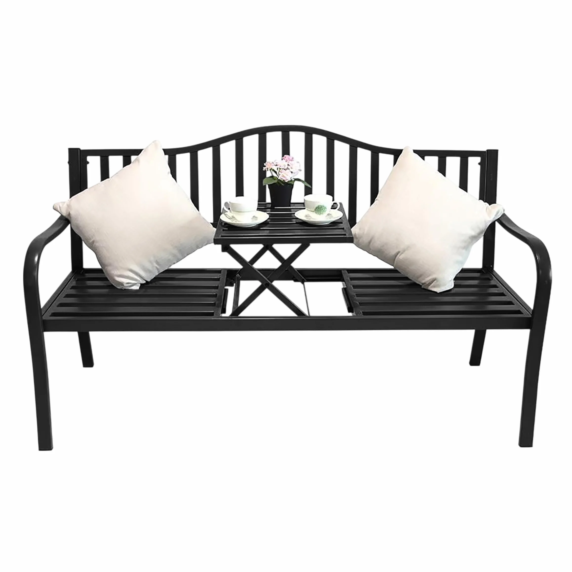 Metalowa ławka ogrodowa ze zintegrowanym stołem – 150 x 56 cm – ławka do siedzenia 2 w 1 lakierowana proszkowo na czarno – ławka parkowa ze składanym stolikiem, półka do ogrodu, na balkon, taras