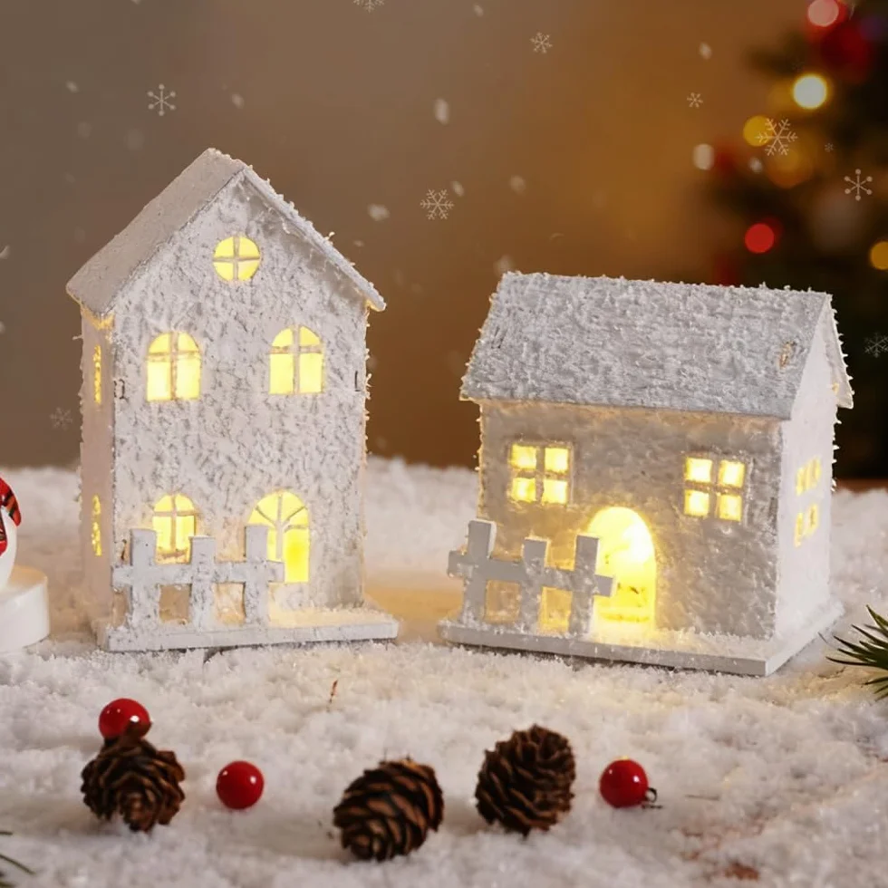 3 sztuki drewniana wioska bożonarodzeniowa, miniaturowy dom, biały śnieg, mini oświetlenie LED na baterie, dekoracja bożonarodzeniowa, małe akcesoria anime, lampka nocna, prezent zimowy