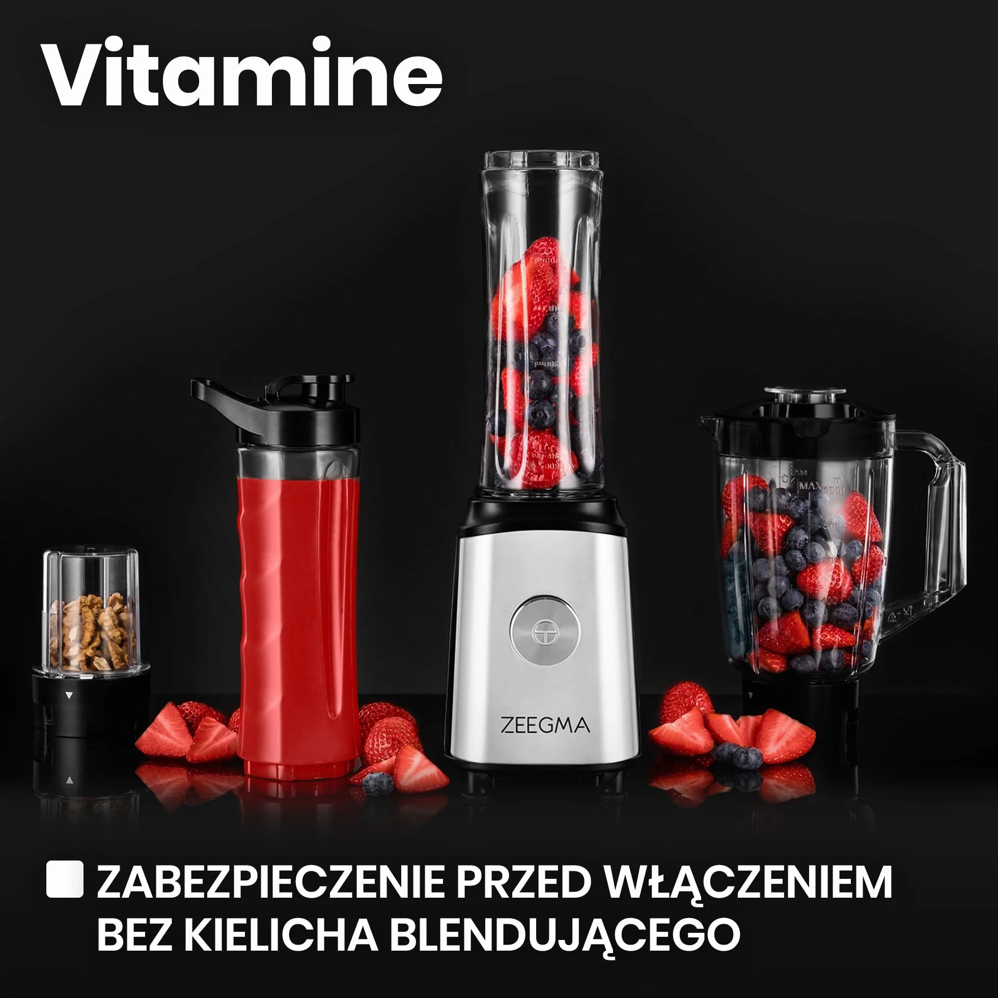 ZEEGMA Vitamine blender 4w1, mikser, młynek do kawy, silnik 1050W, dewa zestawy noży, duży kielich 1l, 2 bidony 600ml, metalowa obudowa, system ThermoFuse, tryb pulsacyjny, BPA free
