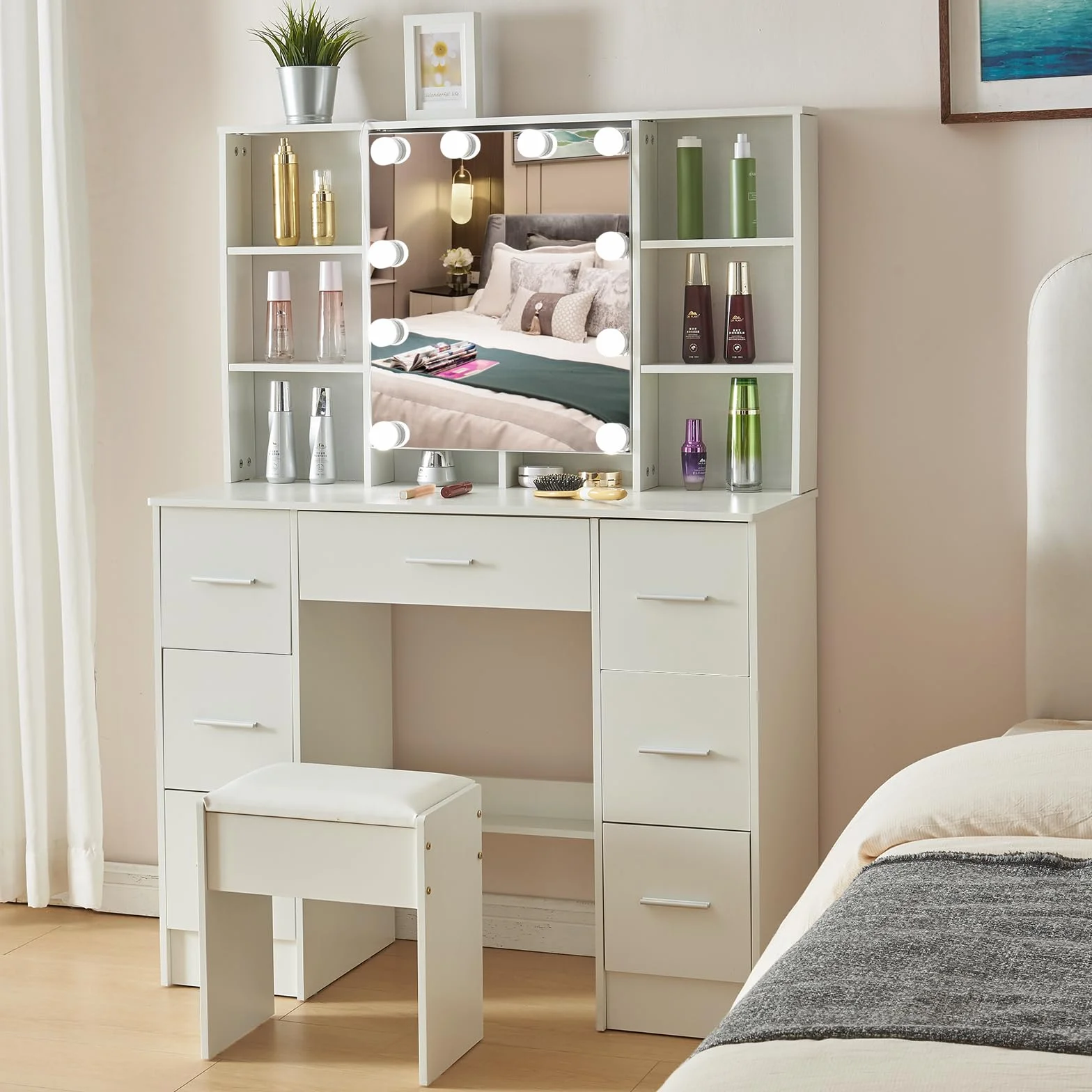 Toaletka z 1 taboretem, toaletka z lustrem i oświetleniem LED do makijażu, 3 temperatury barwowe i regulowana jasność, 7 szuflad, 40 x 100 x 140 cm