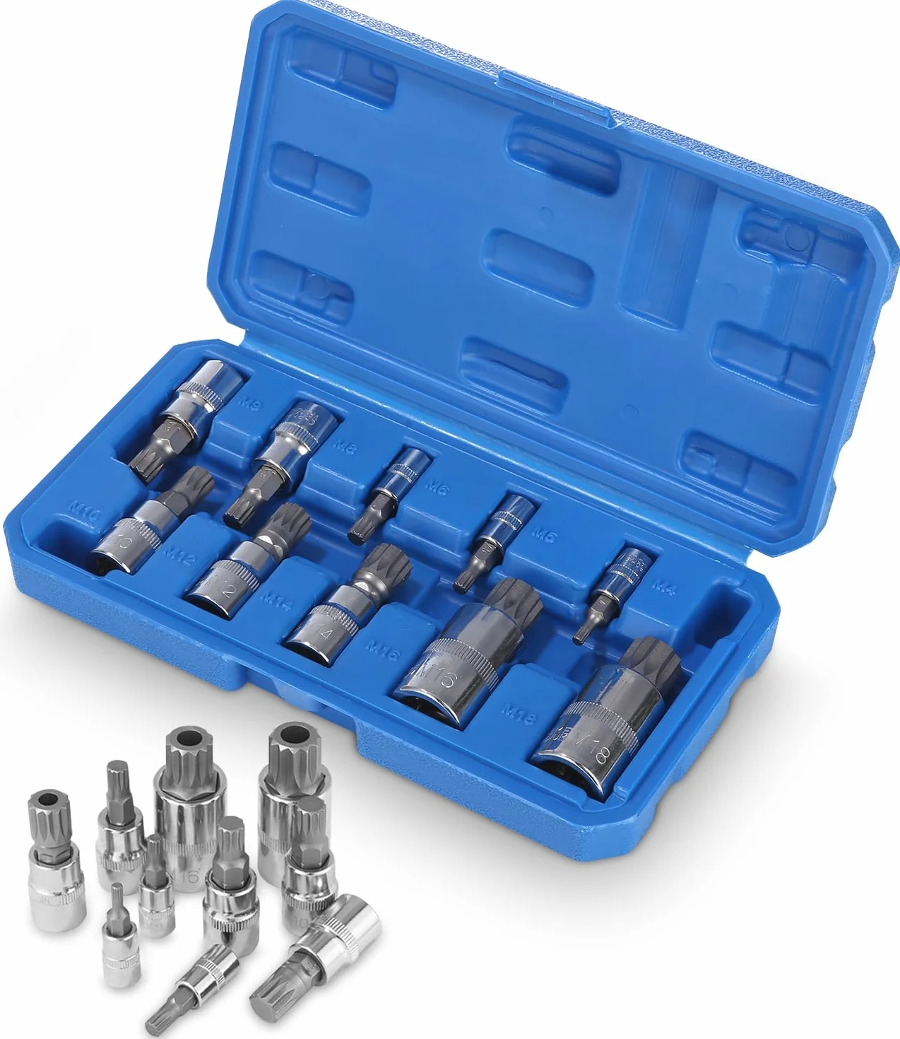 Bixury 10-częściowy zestaw nasadek wielozębnych 1/2″, 1/4″, 3/8″ do wkrętarki udarowej, imbusowe nasadki wewnętrzne M4, M5, M6, M8, M10, M12, M14, M16, M18, z niebieskim pudełkiem do przechowywania