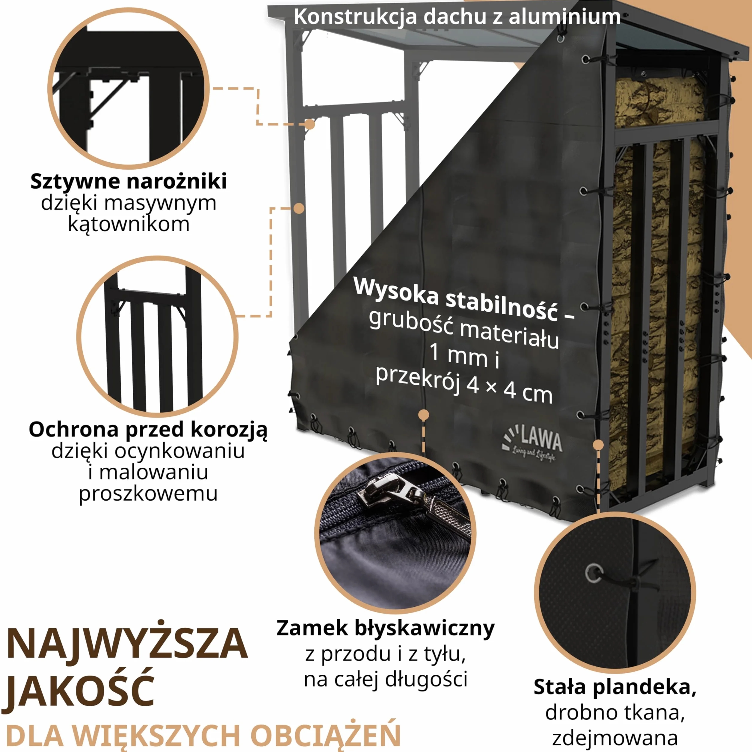 Regał na drewno opałowe zewnętrzny z dachem, ocynkowany, 188 x 70 x 188 cm 45 kg, stojak do układania w stos, nośność 3 t regał na drewno kominkowe metal z pokrywą czarny
