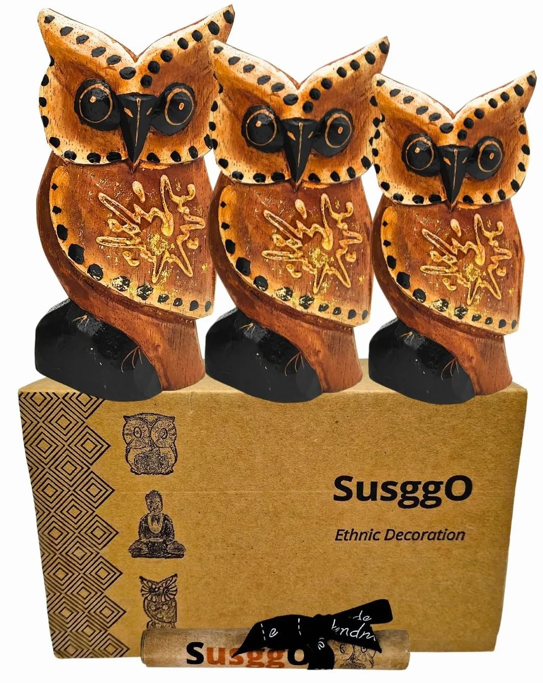 Zestaw 3 figurek zwierzęcych z drewna, sowa, kot, żółw, ryba - dekoracja, ręcznie rzeźbione, rzemiosło artystyczne, ornament do mebli (3 sowy, brązowe skrzydła, z gwiazdą, DR)