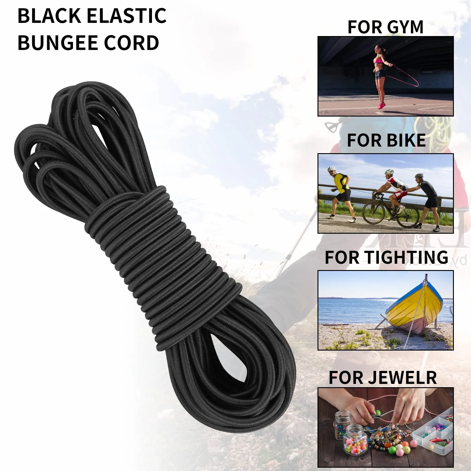 Prasacco Bungee Sznurek 3 mm x 10 m, mocny elastyczny sznurek, zabezpieczający sznur do łodzi, na kemping, przyczepę, sznurówki do butów, rzemiosło, projekty DIY