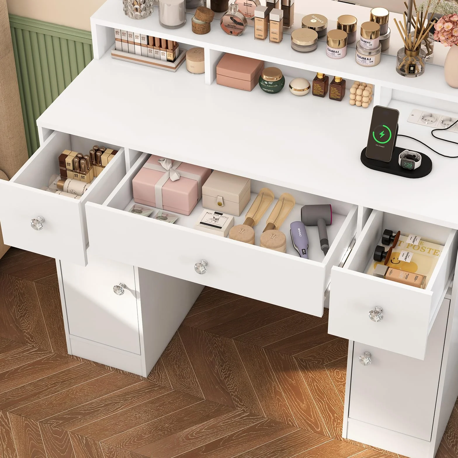 FIONESO Toaletka z 3-składanymi lustrami, toaletka z 10-LED światłami i gniazdami, toaletka z 3-szufladami i dwiema szafkami, dla kobiet, sypialnia, biała
