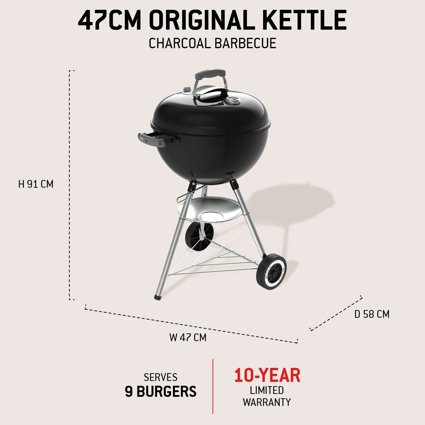Weber Grill Węglowy Weber Original Kettle, Pokrywa i Misa Pokryte Emalią Porcelanową, Powierzchnia Grillowania 47cm, System Czyszczenia One-Touch, Termometr w Pokrywie, Stojak Trójnożny, Kółka, Czarny