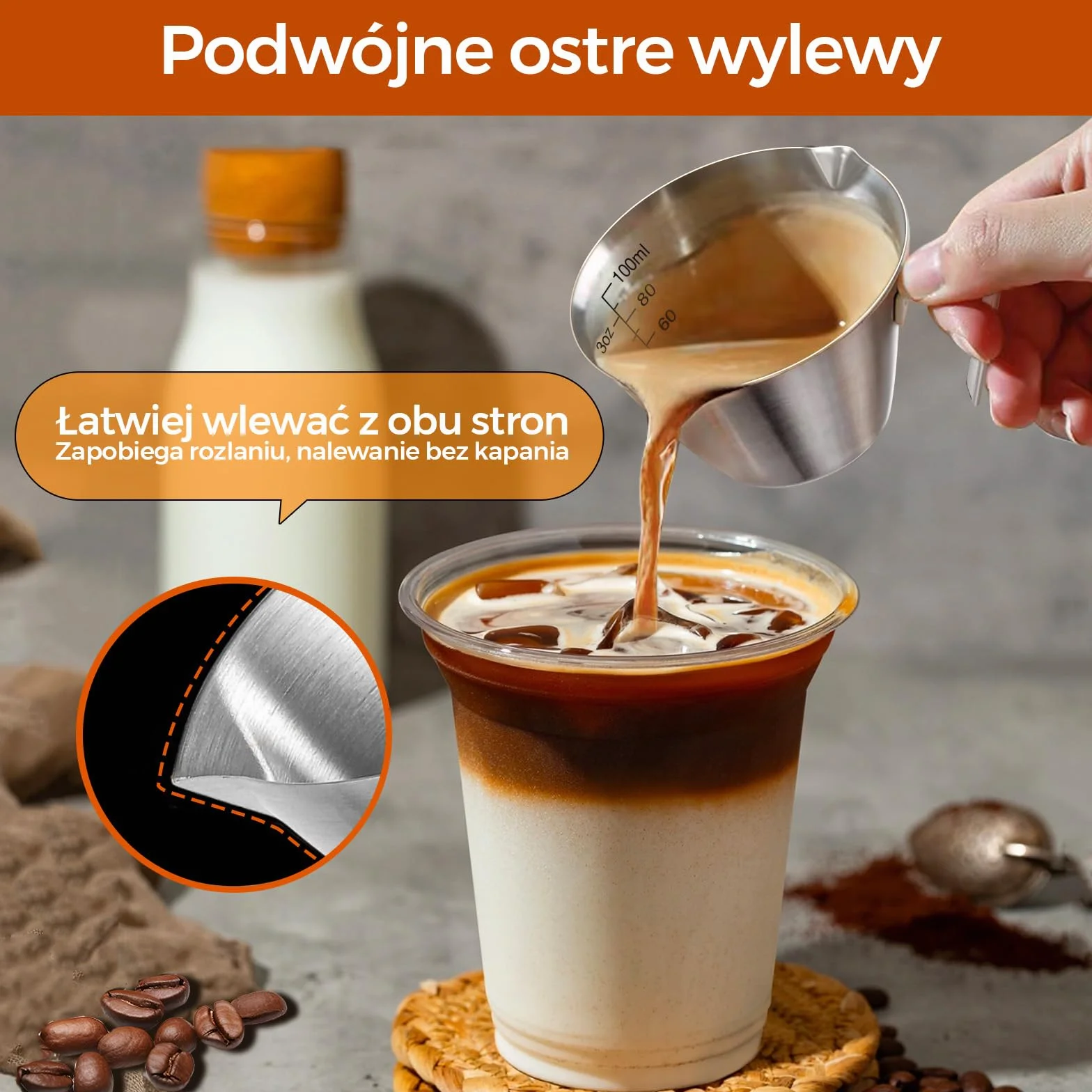 filiżanek do espresso ze stali nierdzewnej, akcesoria do kawa, podwójna wylewka, metalowy kubek pomiarowy z podwójną skalą, kubek, ważenie ziaren kawy (srebrne), 100ml