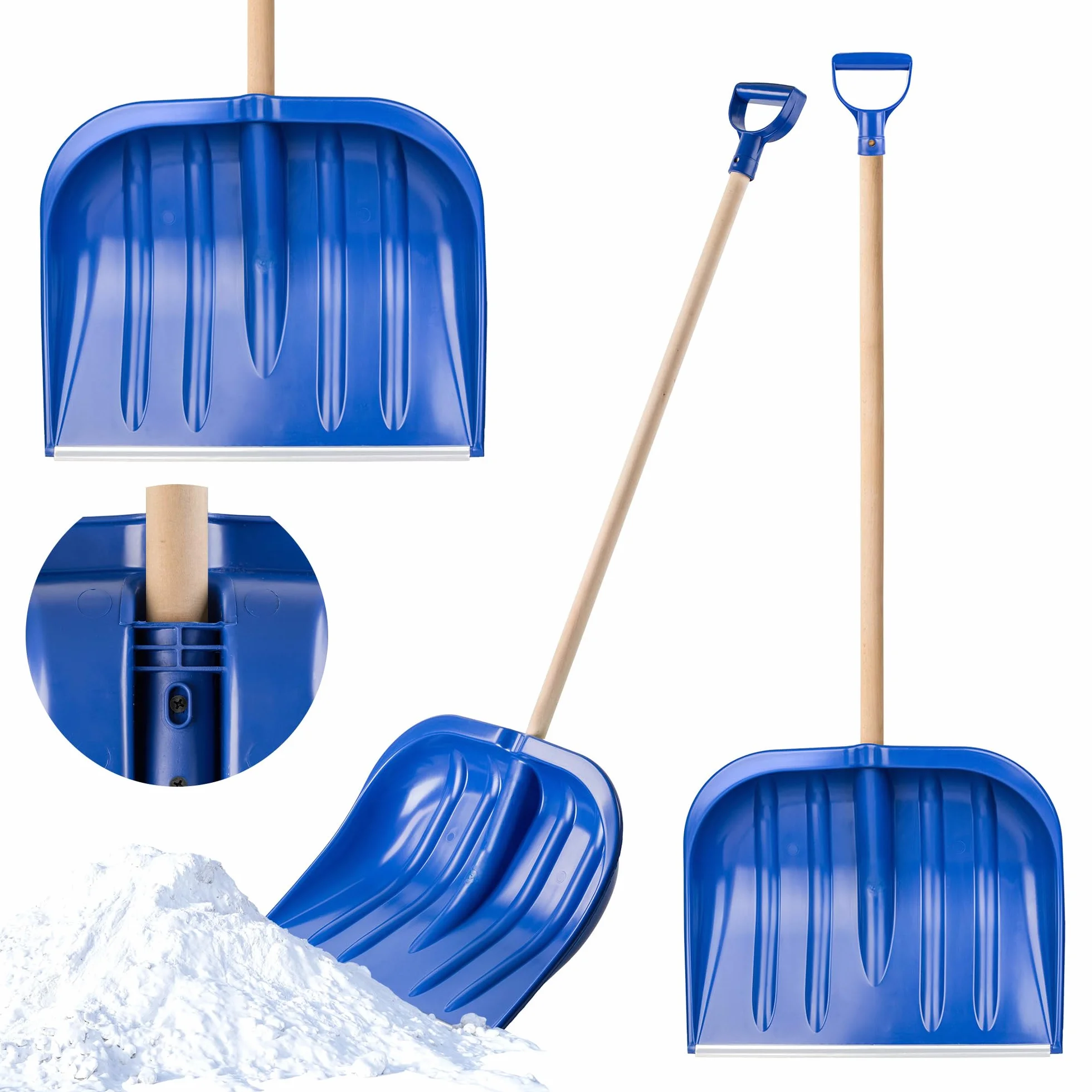 KADAX Plastikowa łopata do śniegu, szerokość: 49 cm, wyprofilowana szufla do odśnieżania z długim trzonkiem, łopata z uchwytem w kształcie litery D (drewniany trzonek, niebieski)