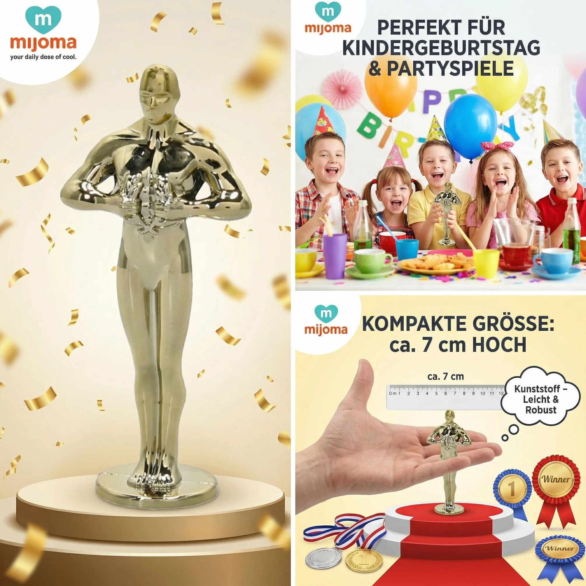 MIJOMA Mini trofeum 7 cm – złoty puchar zwycięzców z tworzywa sztucznego – idealne na urodziny dziecka, gry imprezowe, wyróżnienia i zabawne nagrody