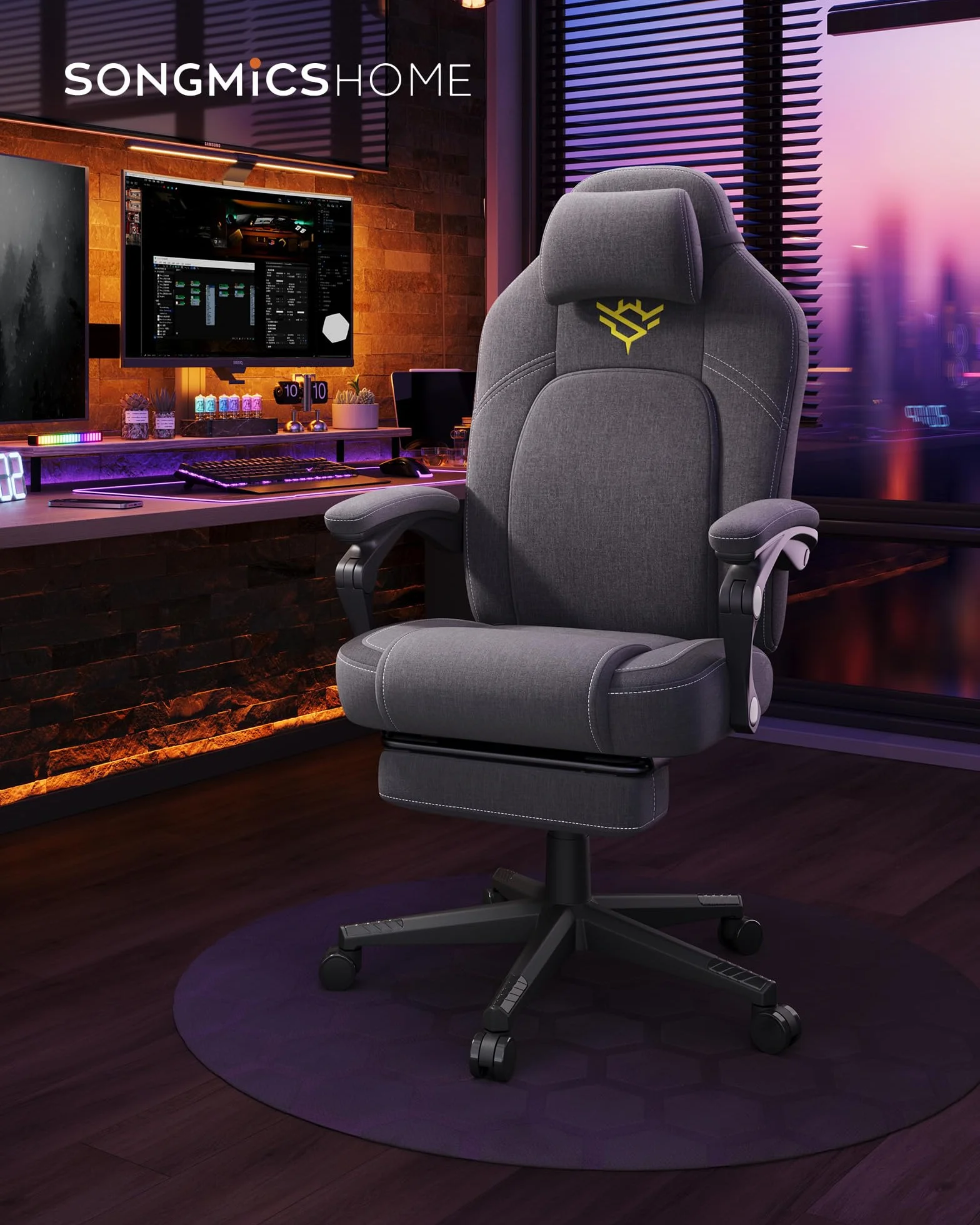 SONGMICS HOME Krzesło do gier, ergonomiczne krzesło komputerowe z podnóżkiem, krzesło biurowe, krzesło obrotowe z poduszką, mieszanka bawełny i lnu, regulacja wysokości, gołębi szary OBG072G01