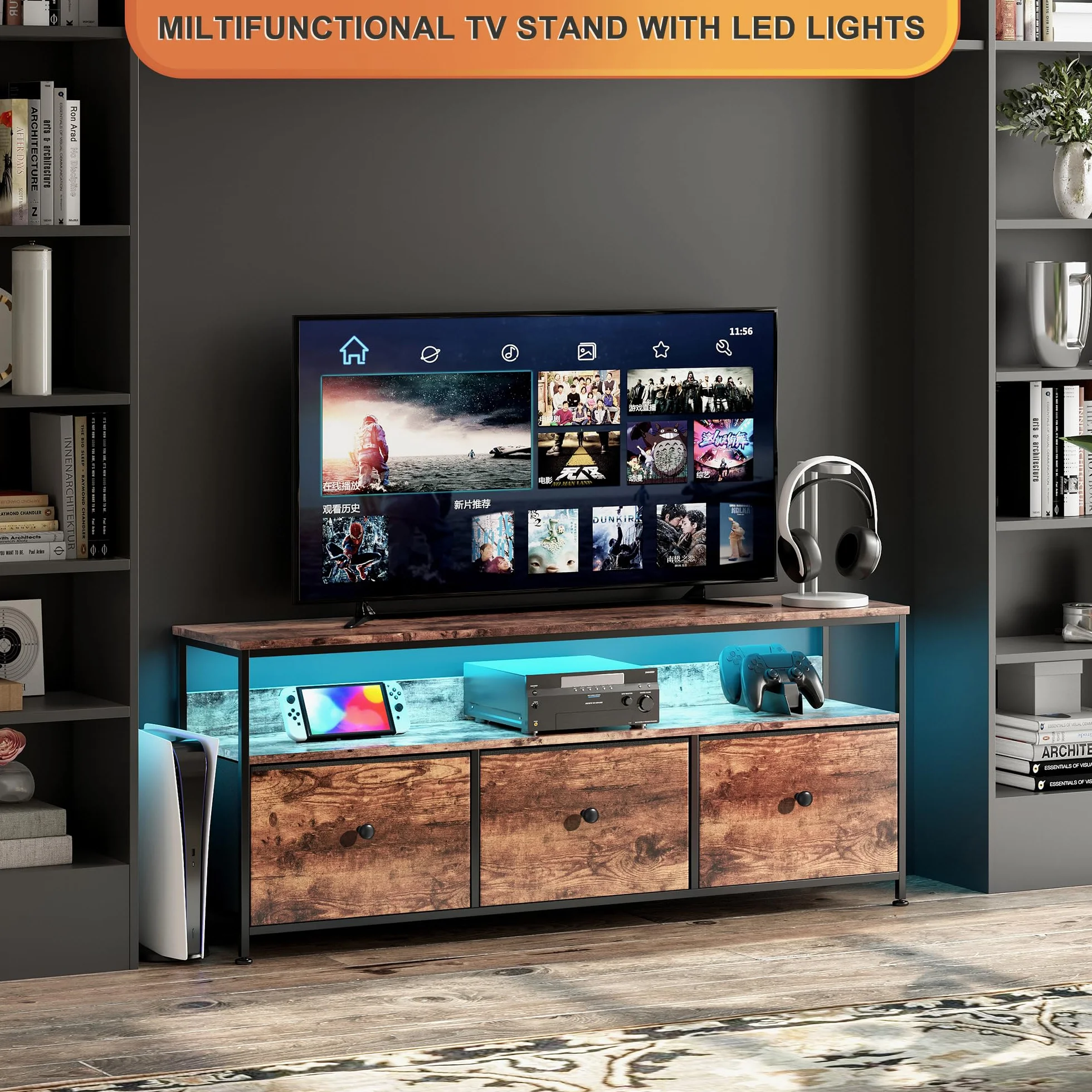 Szafka pod telewizor z diodami LED, stolik pod telewizor z 3 szufladami i 3 otwartymi półkami, niska szafka z 3 wyjmowanymi szufladami z materiału, szafka wielofunkcyjna (szuflada z