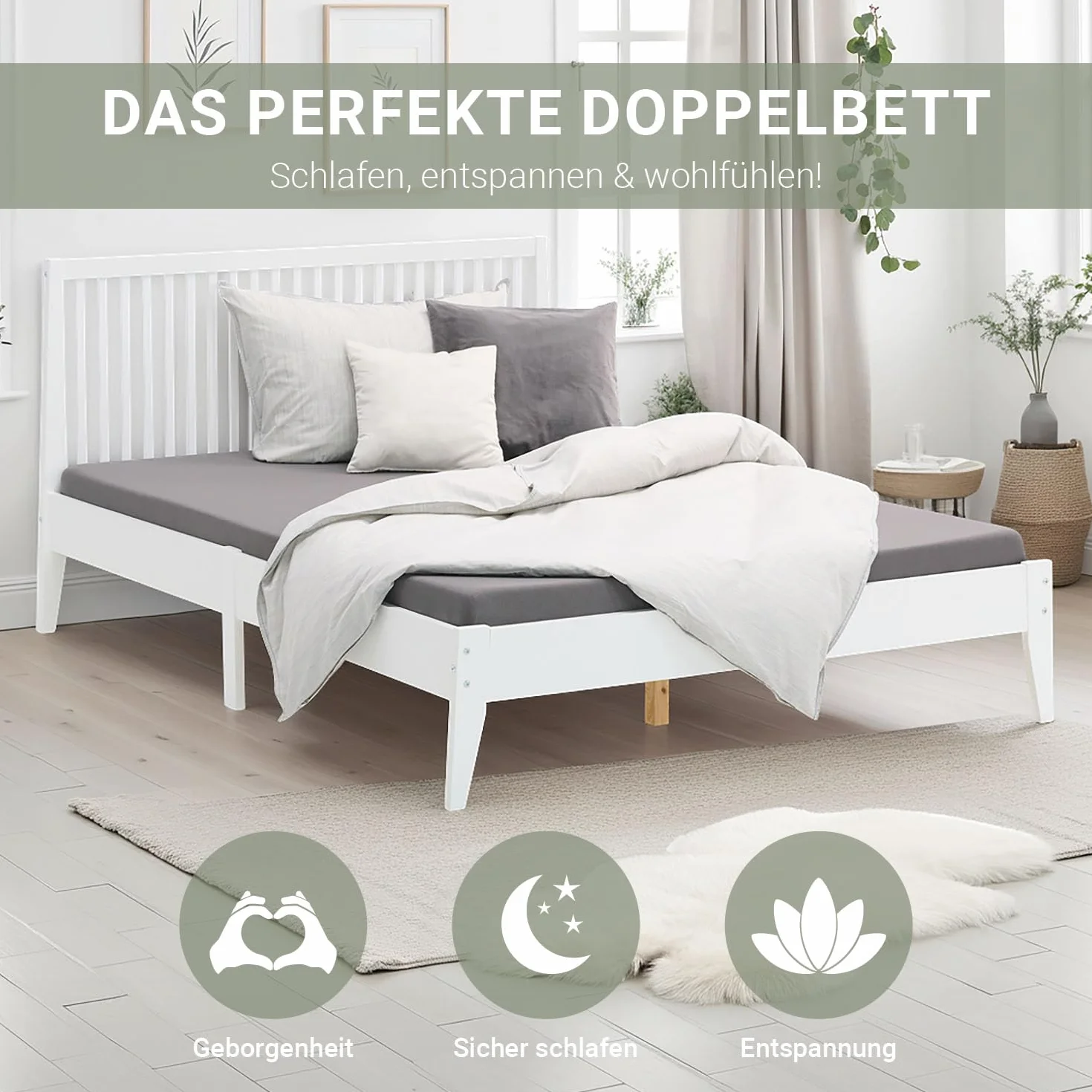 Homestyle4u 1844 łóżko drewniane 140 x 200, ze stelażem, białe, lite drewno sosnowe