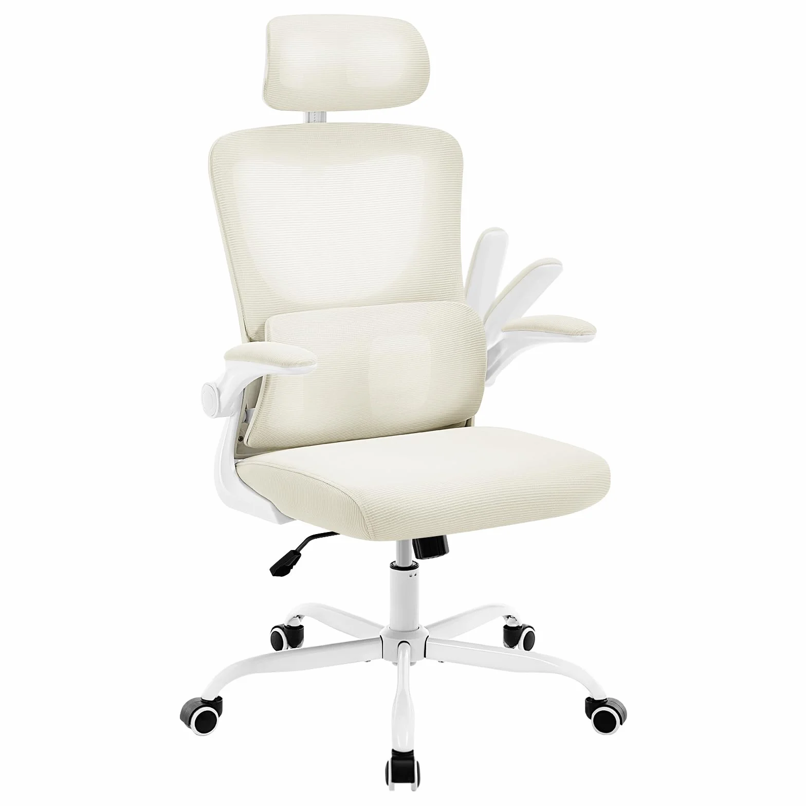 WOLTU Ergonomiczne krzesło biurowe, krzesło biurowe z funkcją bujania, regulowany zagłówek, odwracane podłokietniki, podparcie lędźwiowe, krzesło robocze do biura, krzesła biurowe 150 kg, beżowe