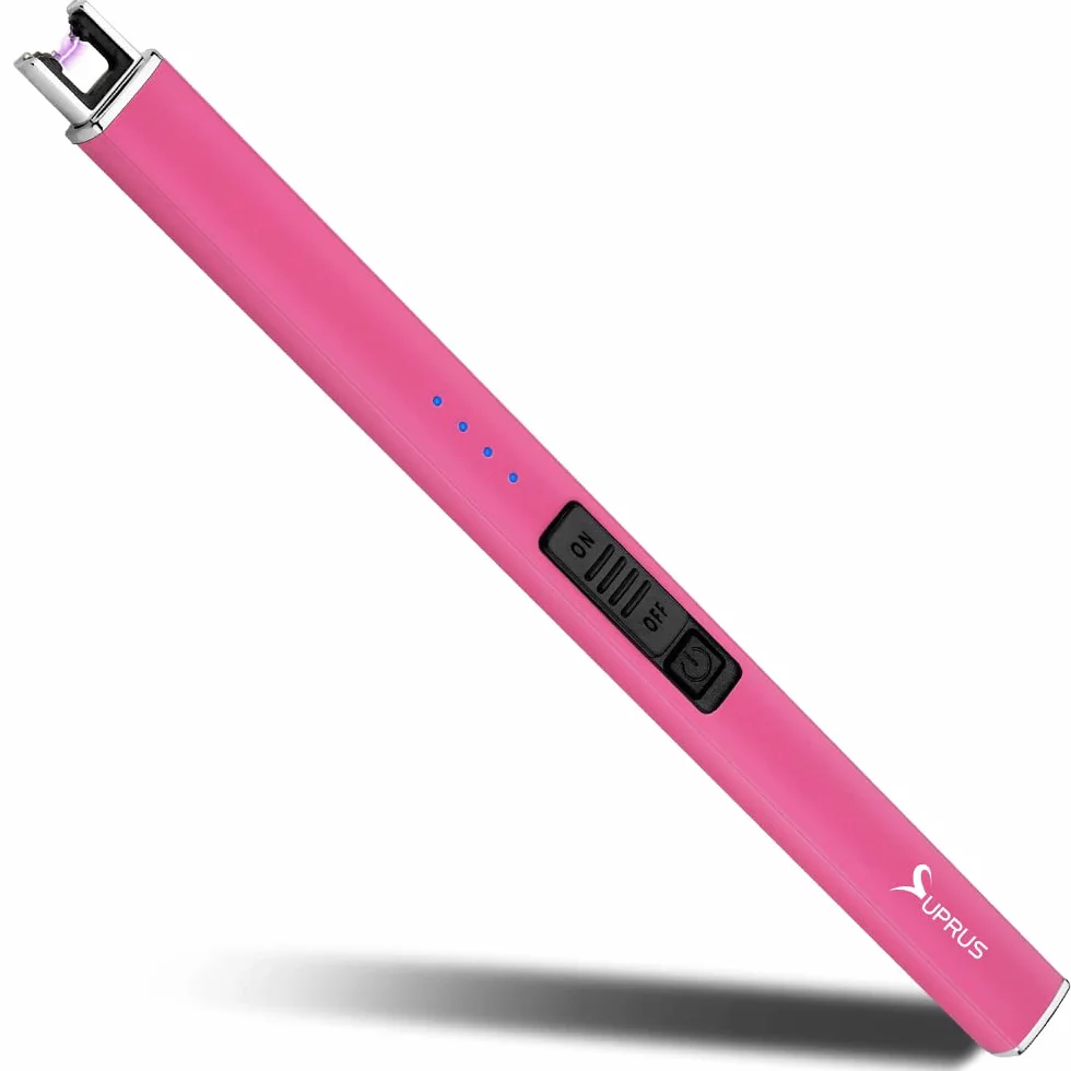 Suprus Zapalniczka świecąca w ciemności, elektryczna zapalniczka do świec, zapalniczka łukowa USB z blokadą zabezpieczającą, wiatroodporna, bezpłomieniowa (różowa)