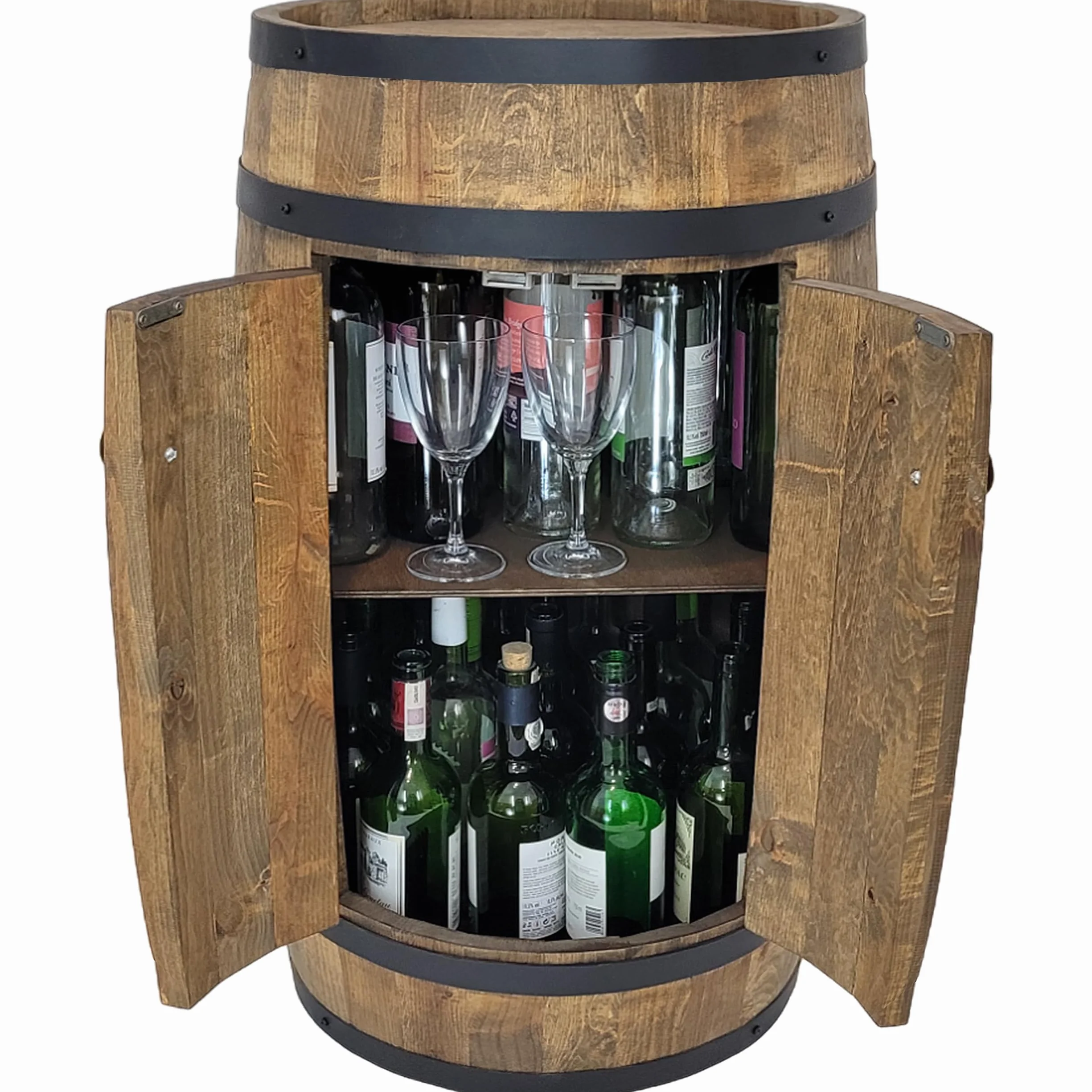 Barek z 2 drzwiczkami, drewniana beczka XL na wino – ręcznie robiony regał na butelki bar vintage, szafka na whisky, piwo, wino, prezent dla mężczyzny