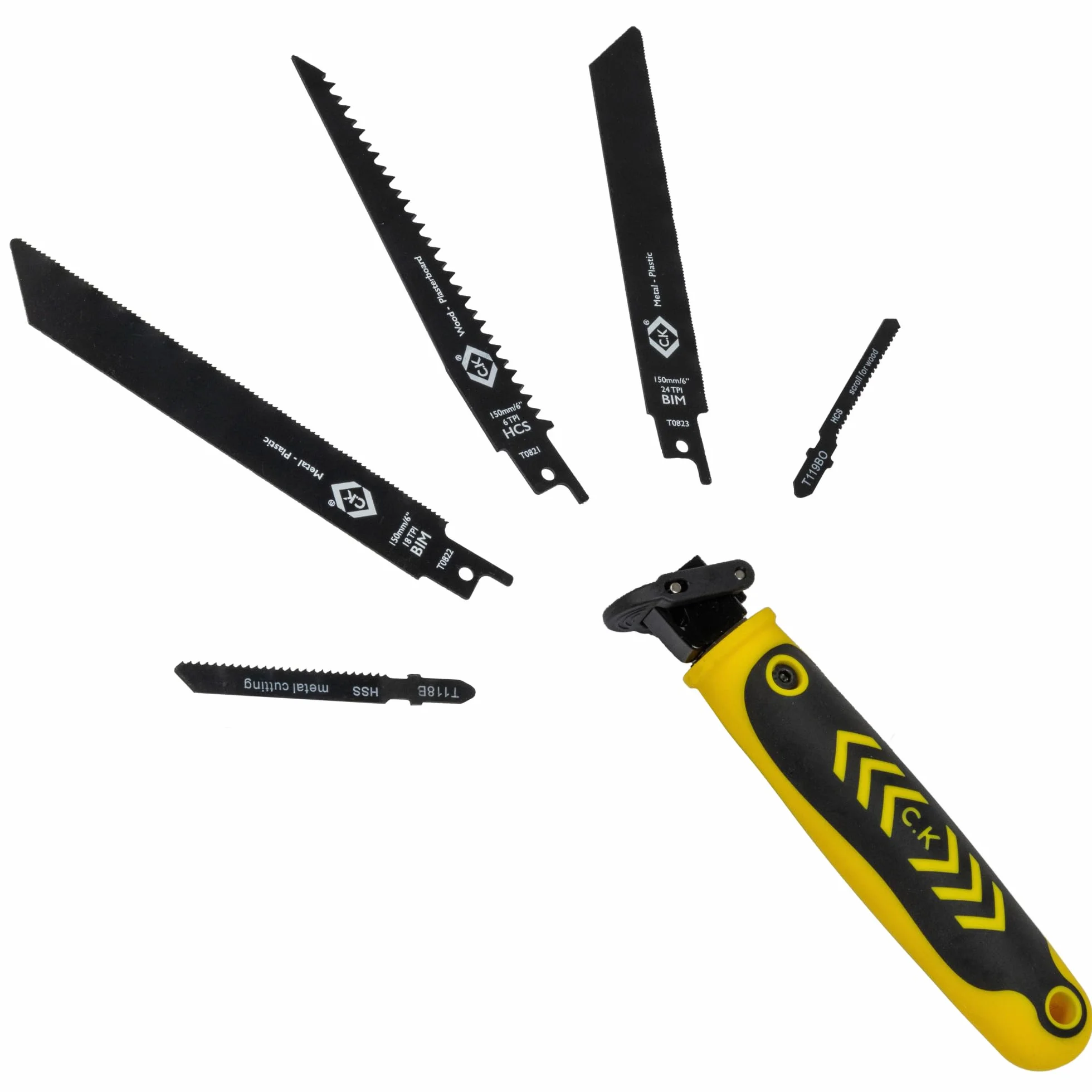 C.K Tools Multi Hand Saw zestaw 6 szt., uniwersalna piła ręczna do szybkiej wymiany z 5 ostrzami do drewna, metalu, płyt gipsowo-kartonowych i tworzyw sztucznych, zestaw do cięcia szablastego