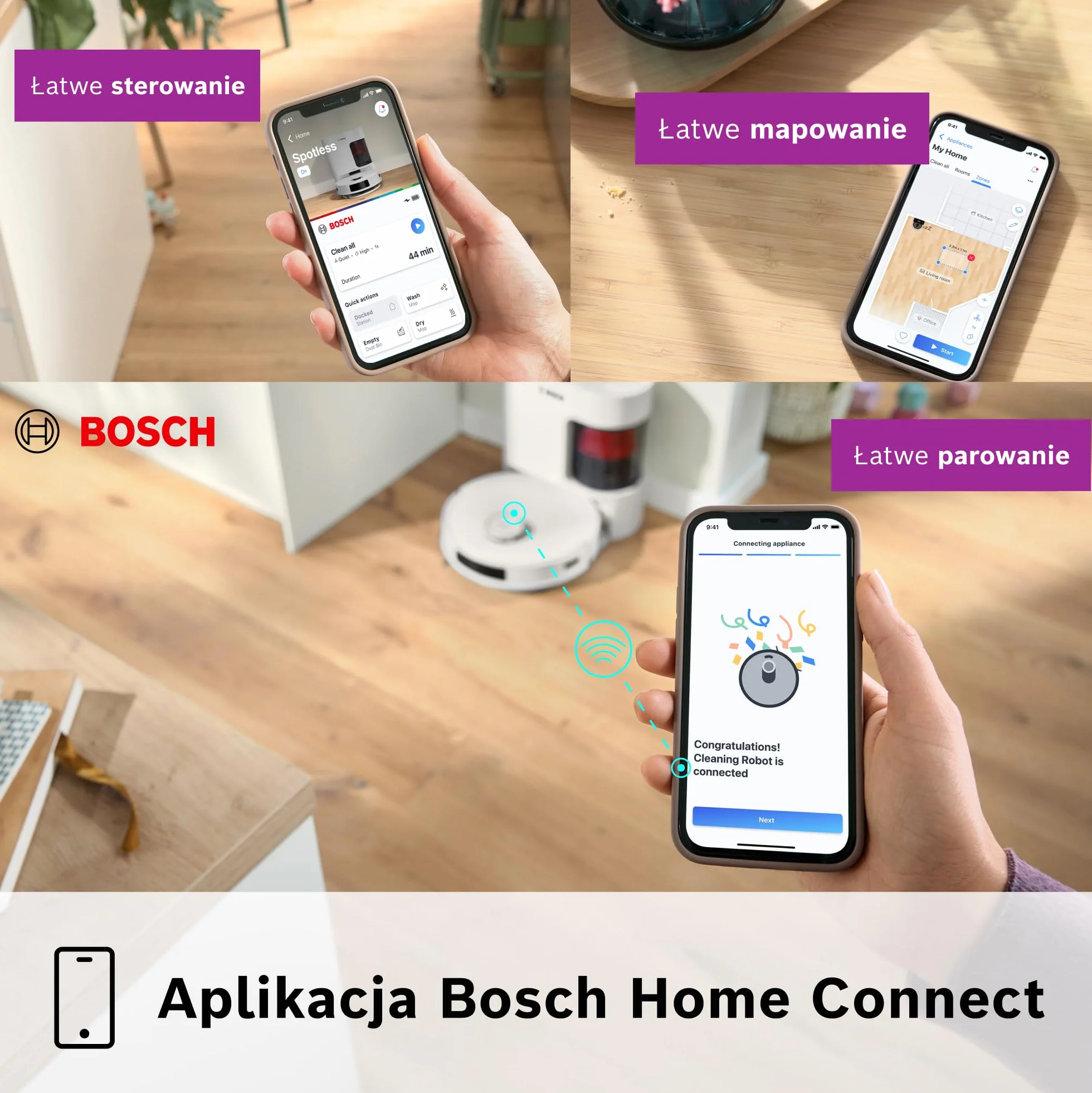Bosch Spotless+ Robot sprzątający z funkcją mopowania, moc ssania 11 000 Pa, statyczna nakładka mopującą, stacja czyszczącą, nawigacją Smart Vision, aplikacja Bosch Home Connect, BCRD1W, biały