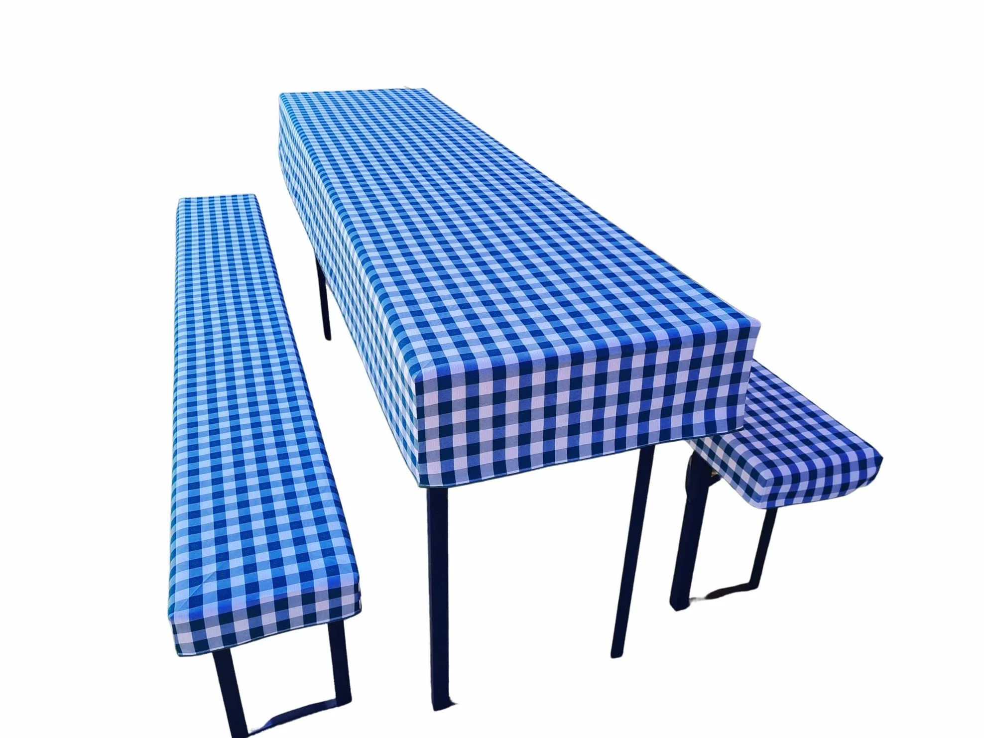 Zestaw mebli do namiotu piwnego 3 szt. obrus i 2 pokrowce na ławkę 110 x 60 cm niebieska kratka