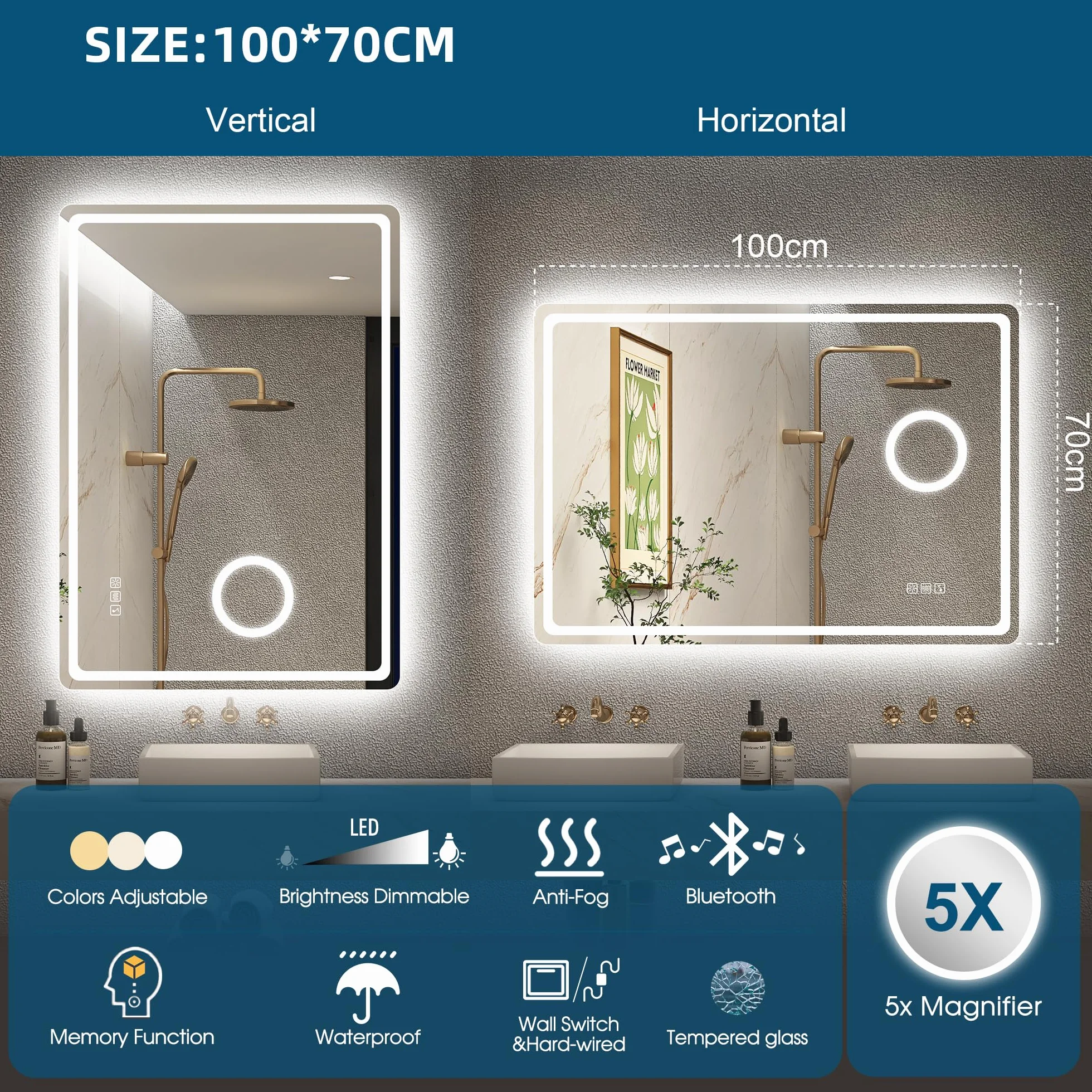 Lustro łazienkowe z oświetleniem 100x70 cm Bluetooth IP44 szkło hartowane HD