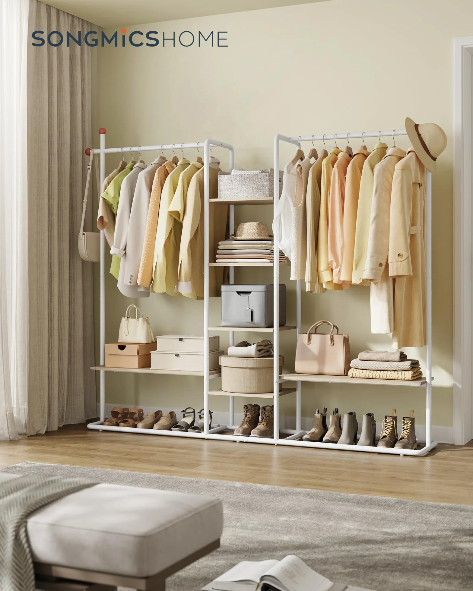 SONGMICS HOME Wieszak na ubrania, otwarta szafa, wieszak na ubrania, 6 półek, 2 drążki na ubrania, wieszaki zapałkowe, do sypialni, naturalny beż-matowa biel RGR012K01