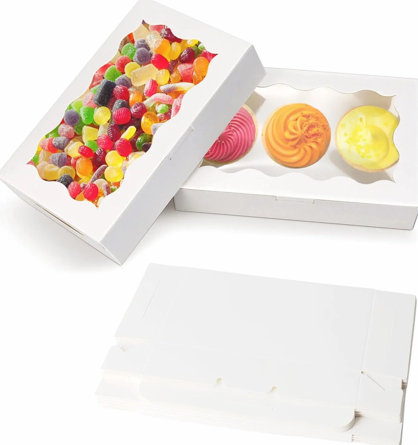 APOMOONS 20 sztuk pudełek na ciastka z okienkiem, brązowe, papierowe, na babeczki, 17,8 x 11 x 3,9 cm, pudełko na tort z przezroczystym okienkiem, pudełko na przekąski, desery, muffinki, 20 sztuk