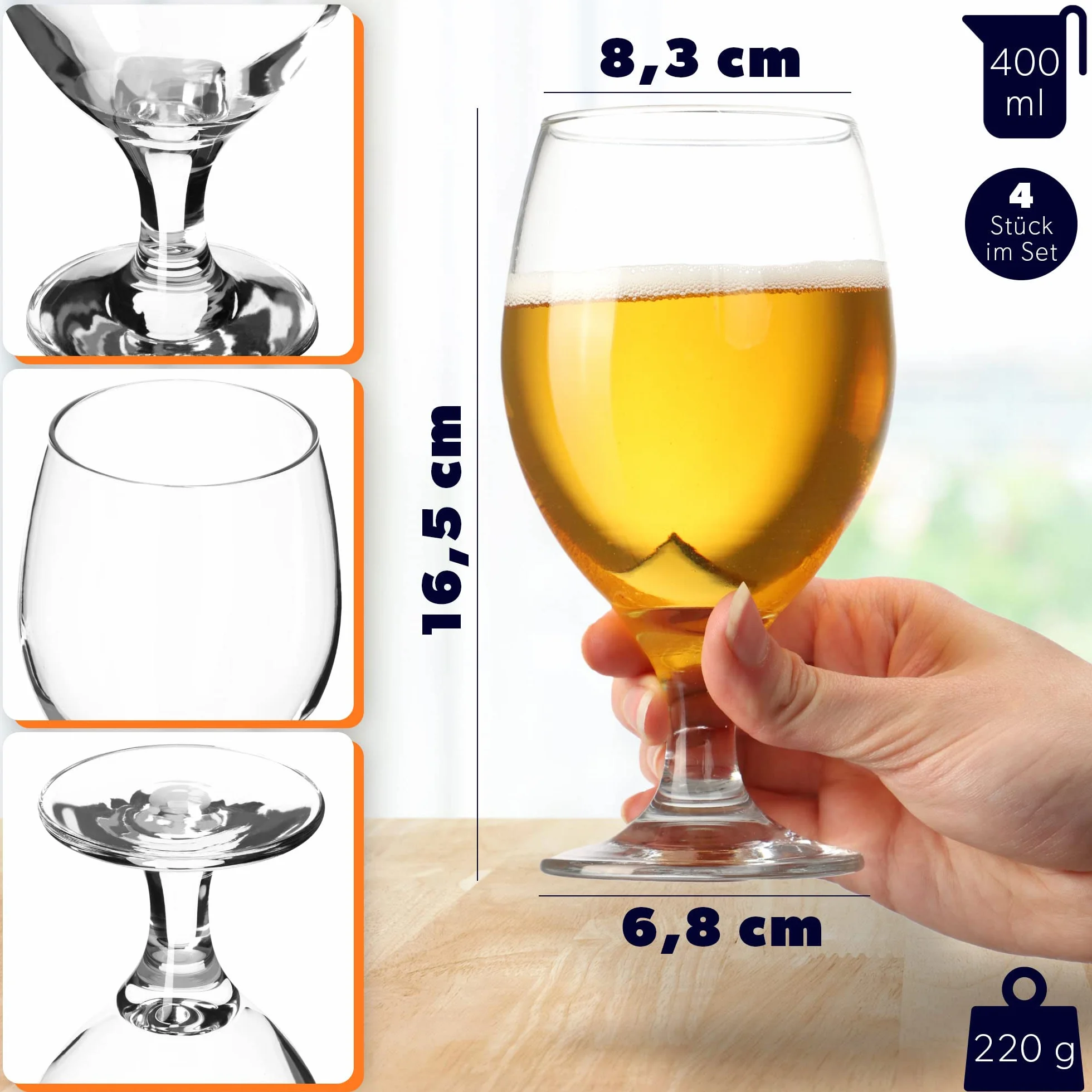 KADAX Zestaw 4 szt. Kufli 400 ml szklane tulipanowy kształt
