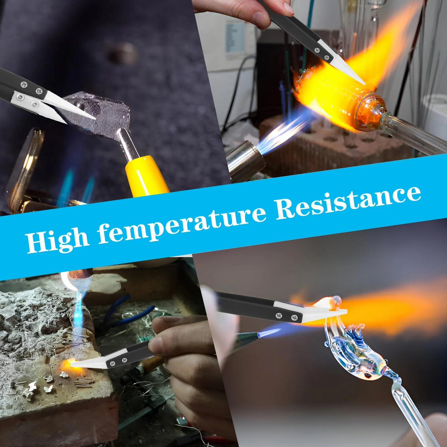 Nogeqi Zestaw 3 ceramicznych pęset, pęseta ze stali nierdzewnej, prosta, wygięta, odporna na wysokie temperatury, ceramiczne tweezery do naprawy elektroniki, biżuterii, komputerów, lutowania