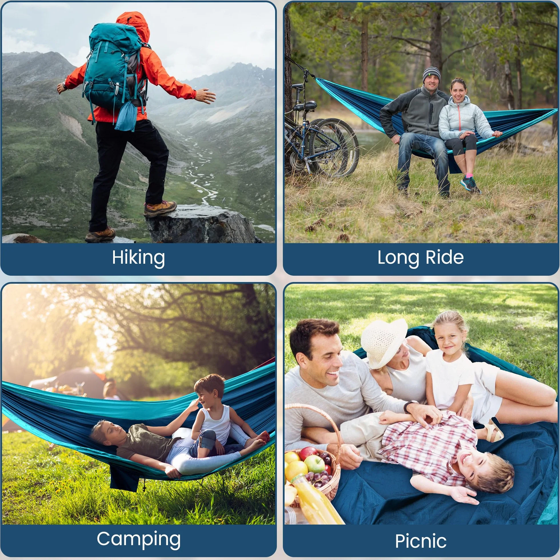 Hamak XXL dla 2 osób, 300 x 200 cm, składany, ultralekki i przenośny, hamaki zewnętrzne z udźwigiem 300 kg, idealny do ogrodu, campingu, podróży (jeziorno niebieski)