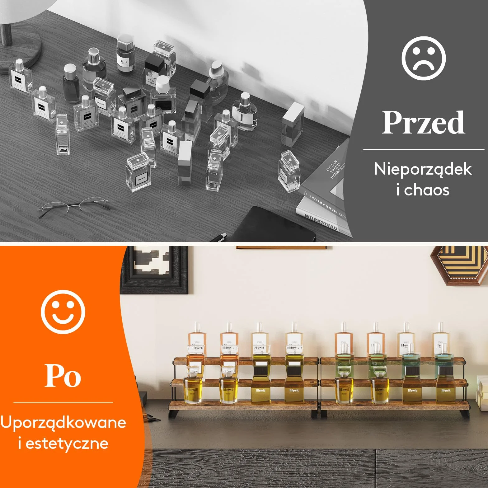 Lifewit 3-poziomowy drewniany stojak na perfumy, organizer na perfumy, kolonię, kosmetyki, półki ekspozycyjne na rękodzieło, przyprawy, figurę, 1 szt., rustykalny brąz