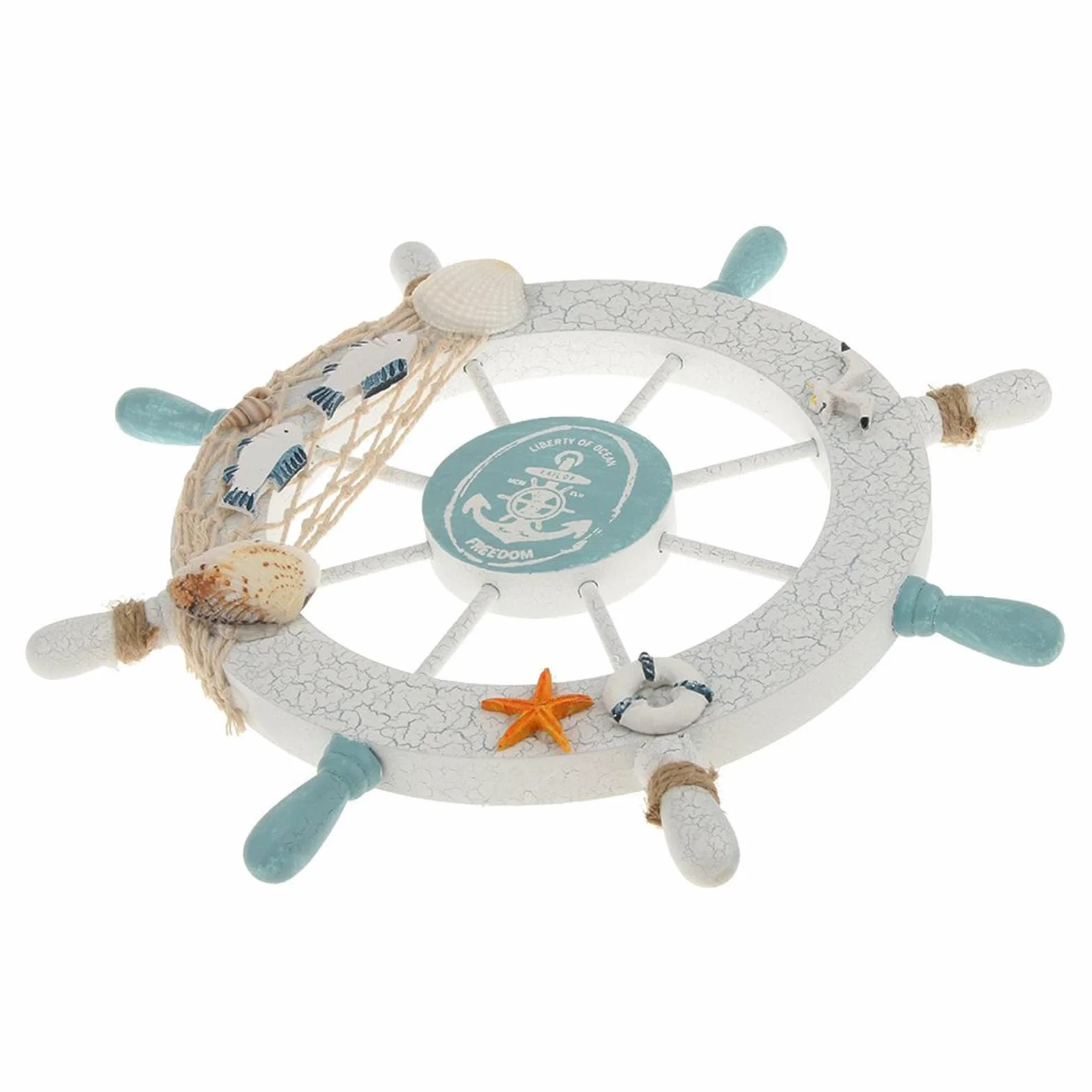 Rienar Nautical Beach Wooden Boat Ship Steering Wheel Fishing Net Shell Fish Home Wall Décor(11" Diameter)