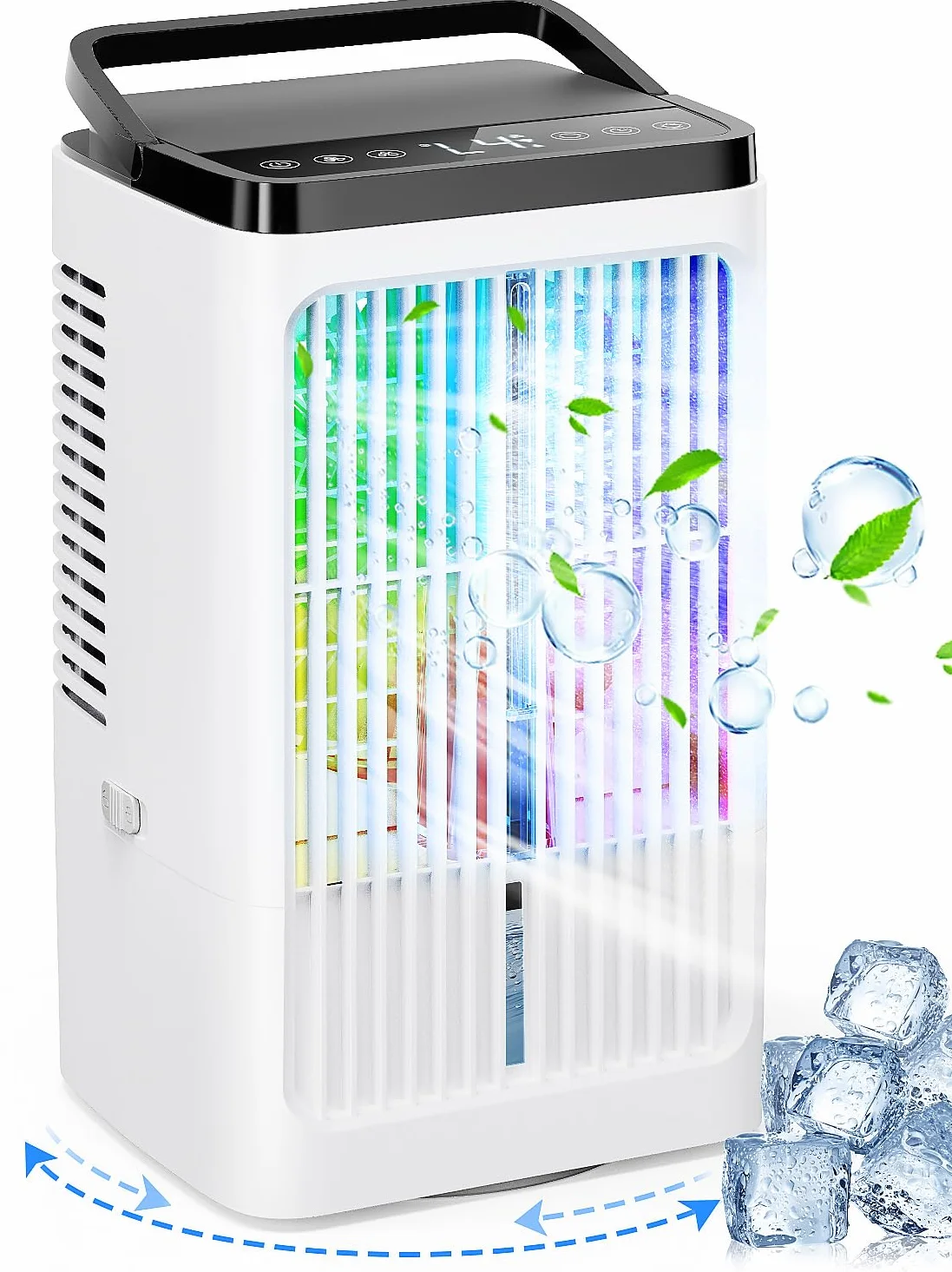 Przenośny klimatyzator, przenośny klimatyzator, wentylator USB, 4 prędkości, 2 tryby, kolorowe światła, oscylacja 90°, 1200 ml