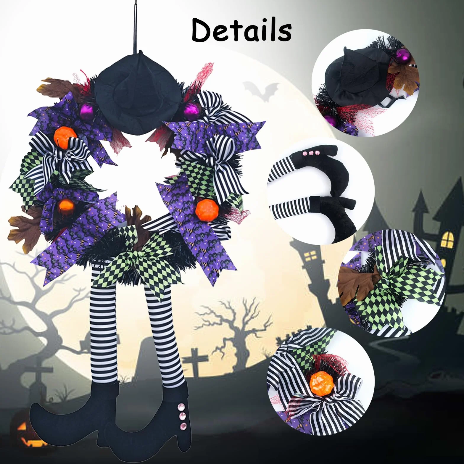 GWAWG Wieniec halloweenowy na drzwi wejściowe, dekoracje na drzwi halloweenowe, kapelusz czarownicy i nogi wiszące nogi dynia liść klonu dekoracja unikalna dekoracja, do drzwi domu na zewnątrz