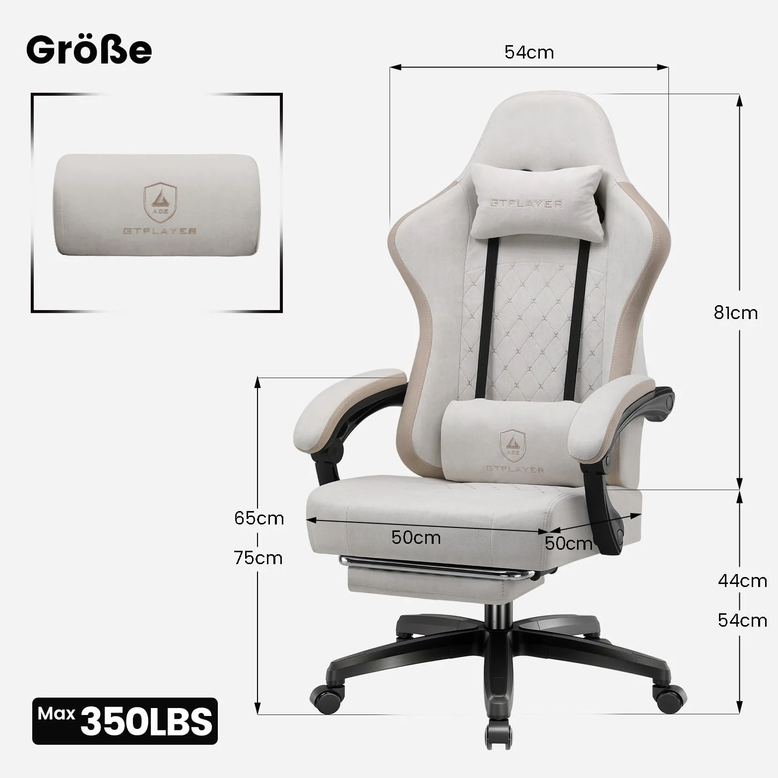 GTPLAYER Fotel gamingowy z materiału, fotel gamingowy z poduszką ze sprężynami kieszeniowymi, ergonomiczne krzesło obrotowe, krzesło dla graczy z podnóżkiem, obciążenie 150 kg, beżowy