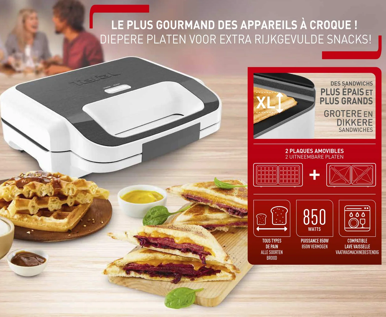 TEFAL SW7011 Snack XL Opiekacz do kanapek i gofrów, duża pojemność, 2 komplety płyt w zestawie, szybkie nagrzewanie, 850W, Możliwość przechowywania w pionie, Wielokolorowy