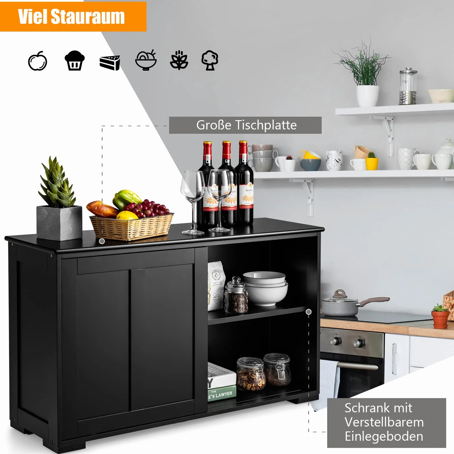 COSTWAY Kredens, szafka kuchenna z drzwiami przesuwnymi i regulowaną półką, szafka bufetowa, szafka do przechowywania, szafka pomocnicza do kuchni, jadalni, salonu, 107 x 33 x 60 cm, drewno, czarny