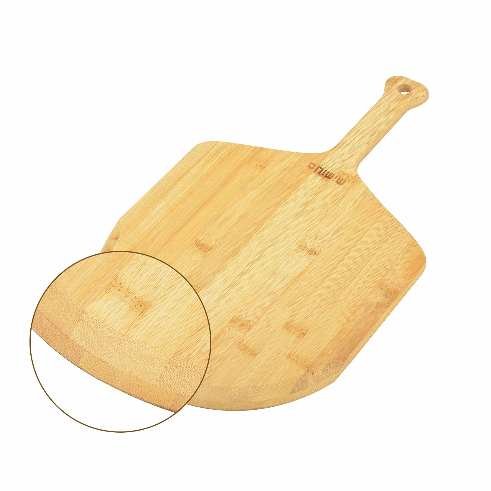 Mimiuo Bambusowa deska do pizzy, łopatka do pizzy 29,5 cm, z okrągłą krawędzią i uchwytem, do domowej pizzy i chleba, piekarnika lub grilla