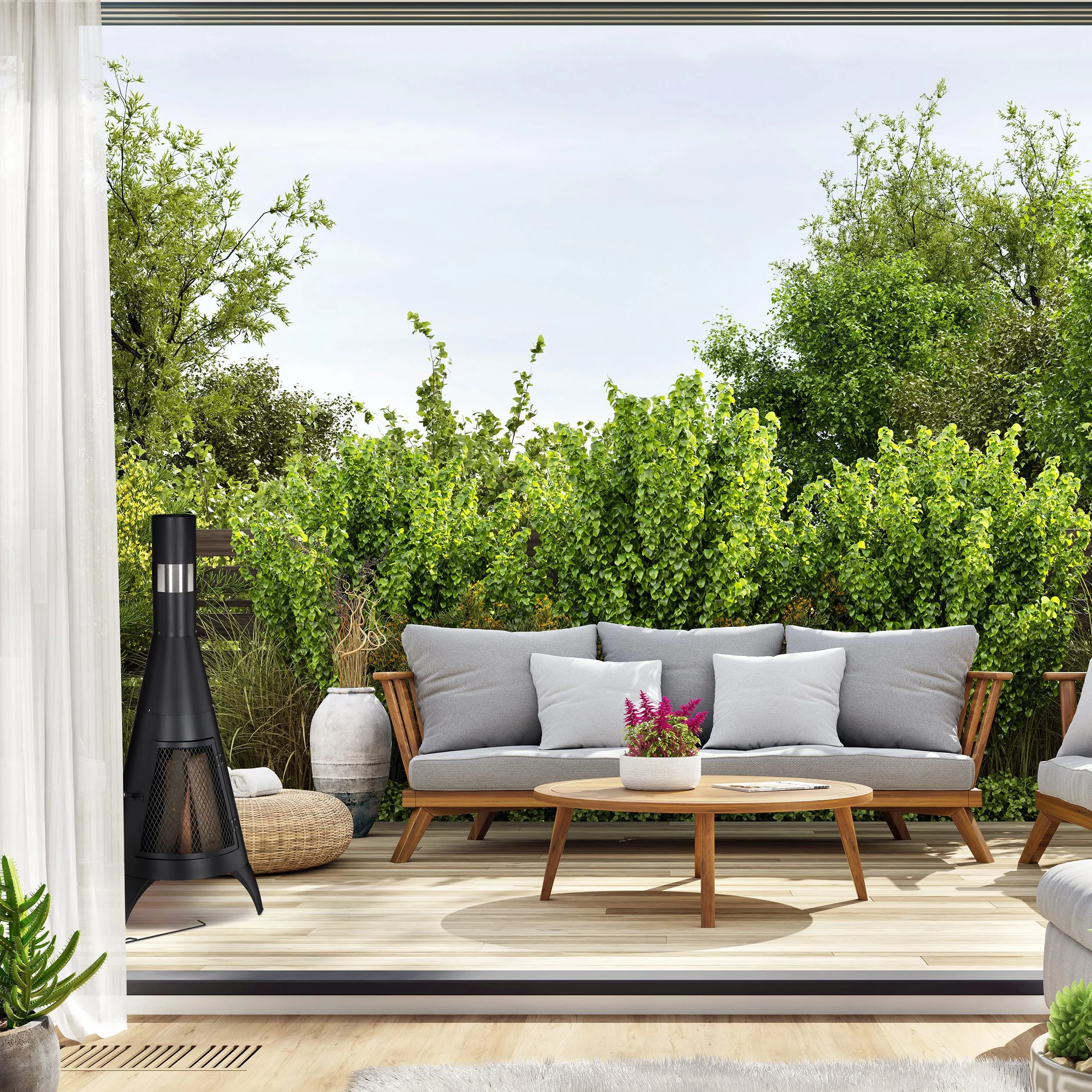 Relaxdays Piec tarasowy, z pogrzebaczem, kominek ogrodowy ze stali, ochrona przed iskrami, do ogrodu, wys. x szer. x gł.: 120 x 48 x 50 cm, czarny