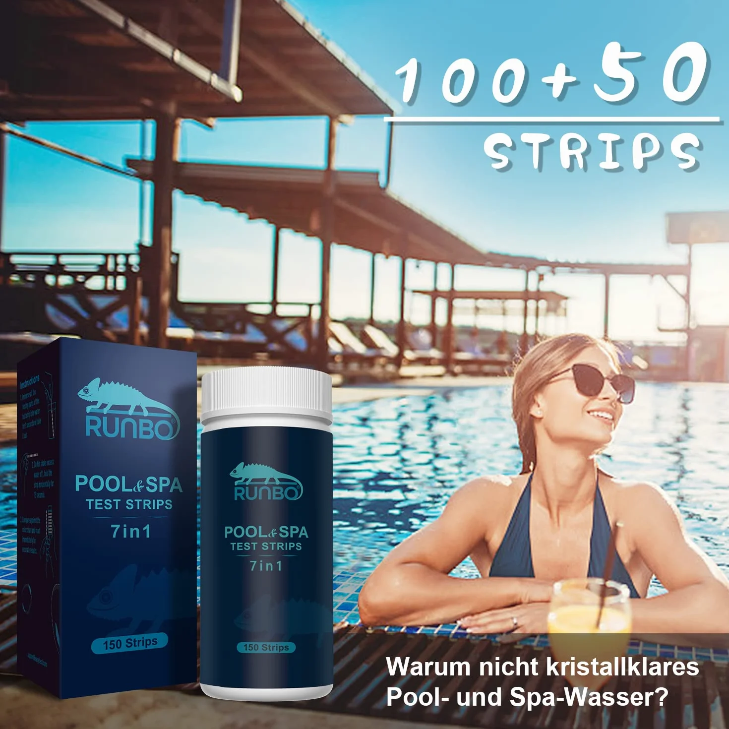 RUNBO Paski testowe 7 w 1 do basenów, 150 pasków testowych chemicznych spa, dokładny brom, całkowita zasadowość, PH, wolny chlor, całkowita twardość, całkowita twardość, kwas cyjanurowy i całkowita