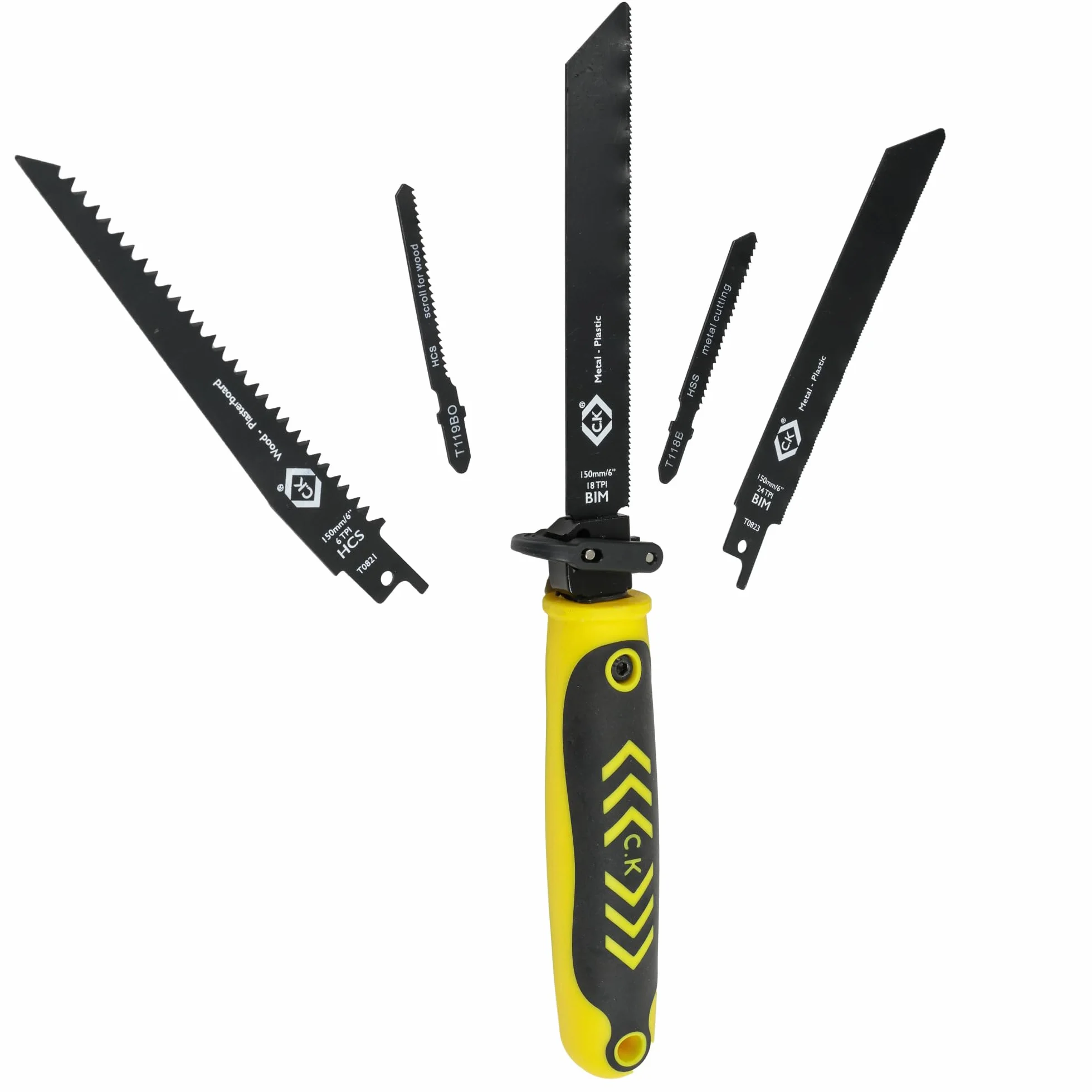 C.K Tools Multi Hand Saw zestaw 6 szt., uniwersalna piła ręczna do szybkiej wymiany z 5 ostrzami do drewna, metalu, płyt gipsowo-kartonowych i tworzyw sztucznych, zestaw do cięcia szablastego