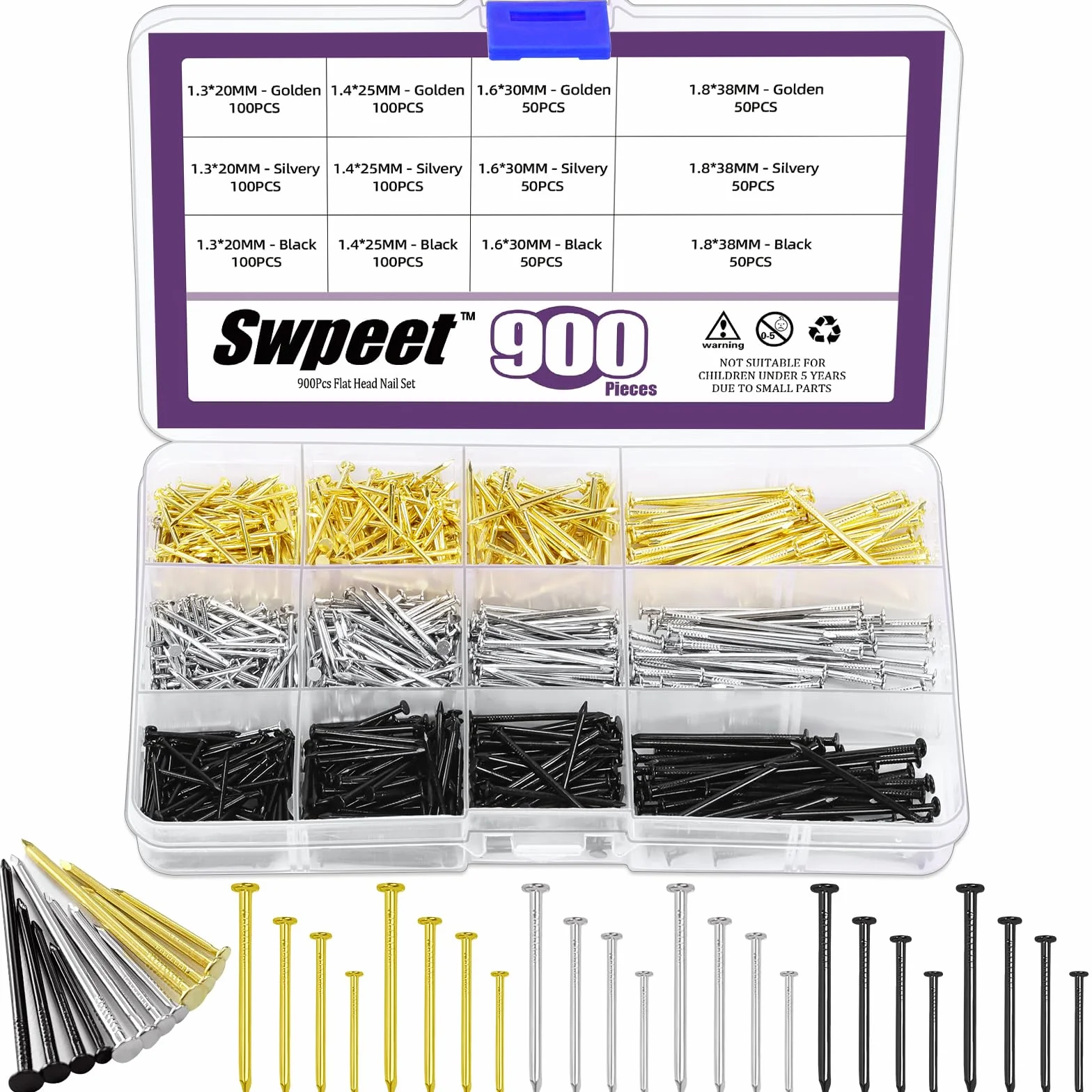 Swpeet 900 szt. 4 rozmiary gwoździ, zestaw asortymentowy, srebrne, czarne, złote, ocynkowane gwoździe, małe gwoździe, gwoździe do wykańczania, gwoździe do zawieszenia, gwoździe ścienne do zawieszania