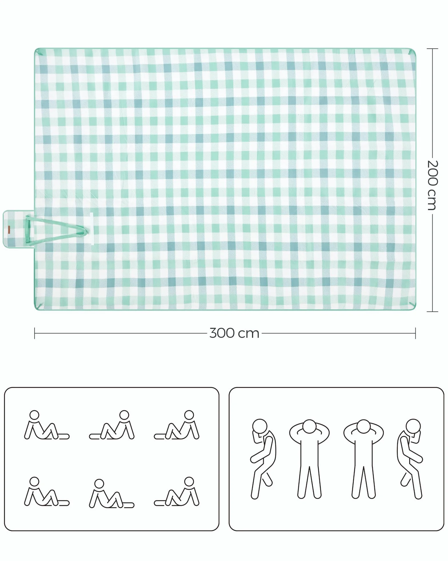 SONGMICS Koc piknikowy 300x200cm z 4 kotwami gruntowymi Duży koc kempingowy Park Garden Beach Wodoodporny Składany Zielony Biały GCM012W03