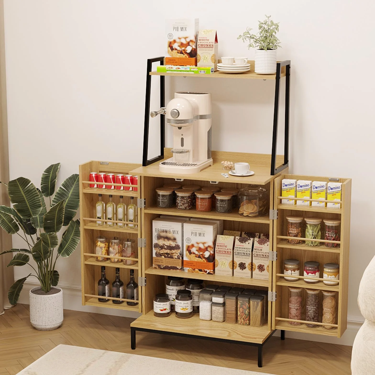 Lifewit 49,6-calowa szafka kuchenna z rattanowymi drzwiami i regulowanymi półkami, stojak na kuchenkę mikrofalową, szafka barowa do jadalni, salonu, naturalna