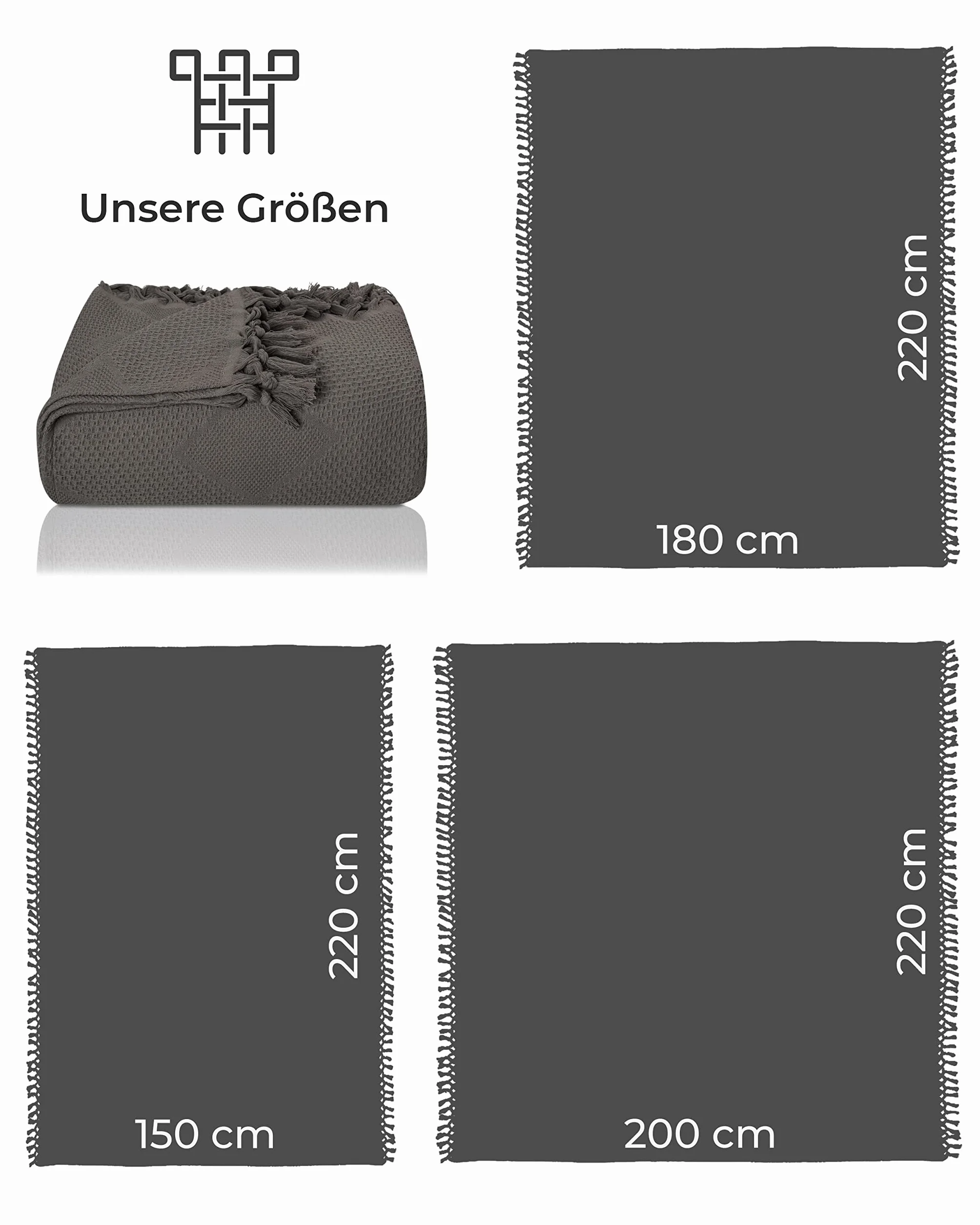 LAYNENBURG Narzuta klasy premium, z ręcznie tkanymi frędzlami, 100% bawełna, letnia narzuta o strukturze waflowej, bawełniana narzuta na łóżko, kanapę i sofę, rozmiar XXL, 200 x 220 cm, antracytowa