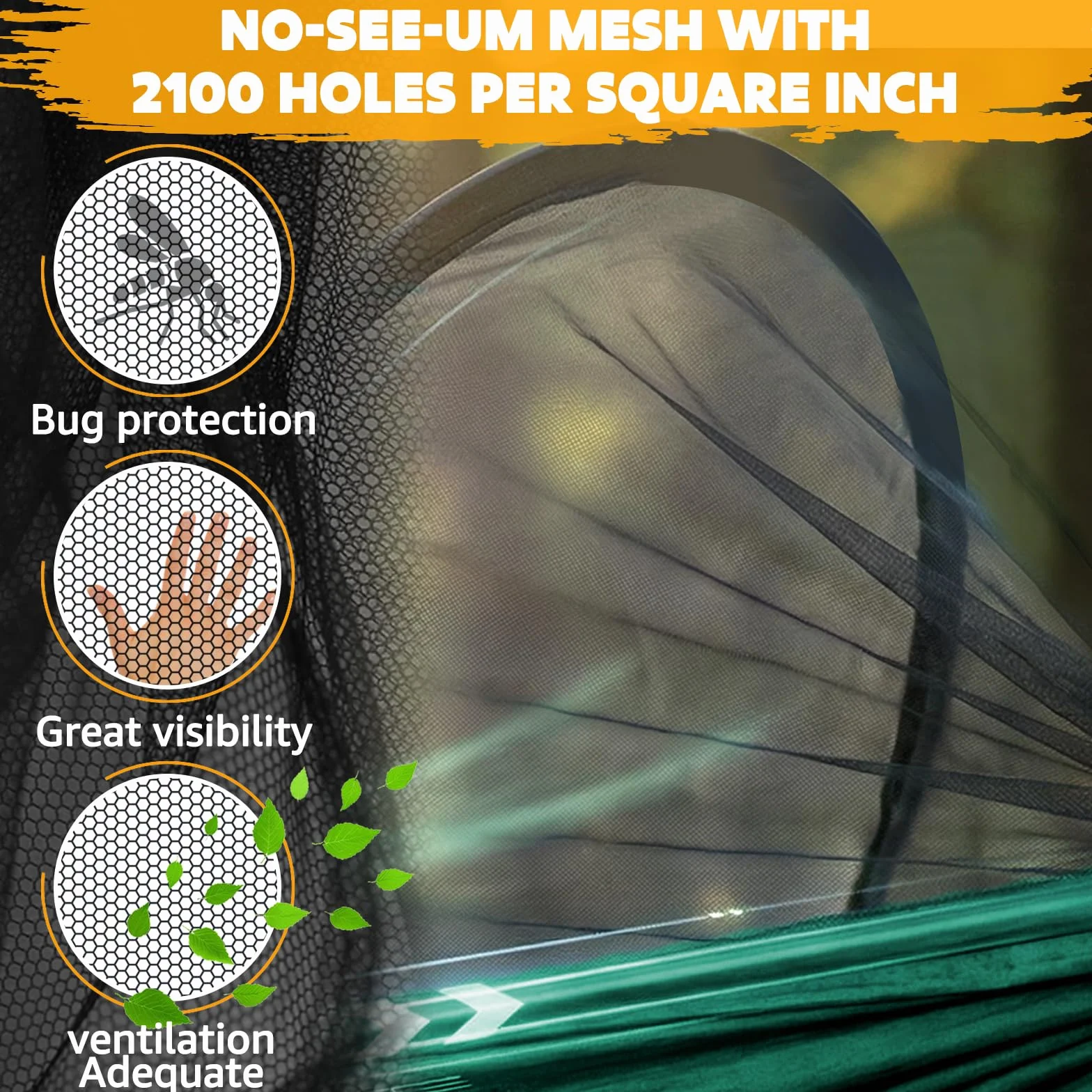 NATUREFUN Ultralekki hamak kempingowy z siatki przeciw komarom | Nośność 300 kg, szybkoschnący oddychający nylon spadochronowy | 2 wysokiej jakości karabińczyki, 2 x nylonowe zawiesia