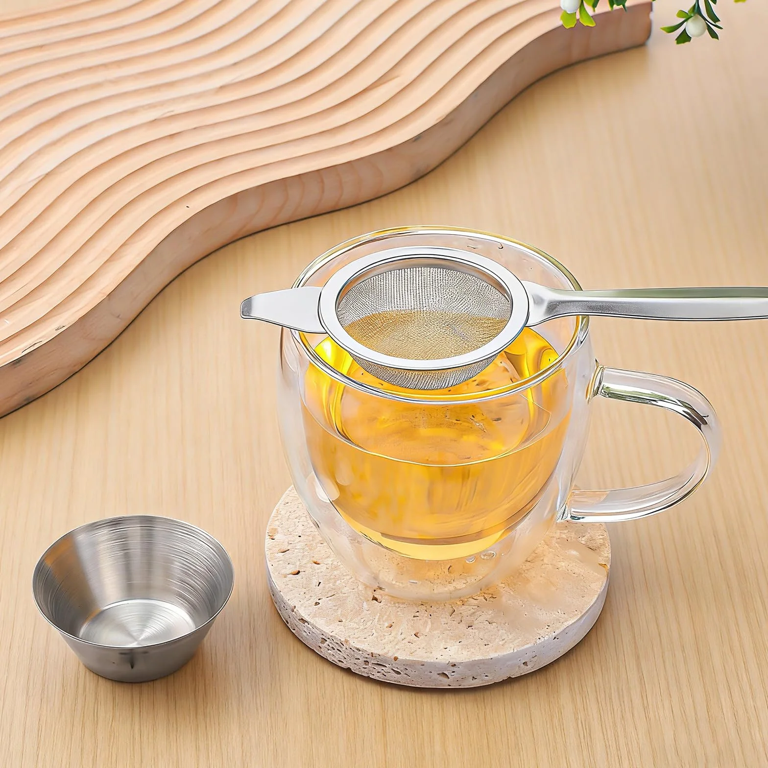 Sitko do matcha ze stali nierdzewnej 6 cm z filiżanką srebrne